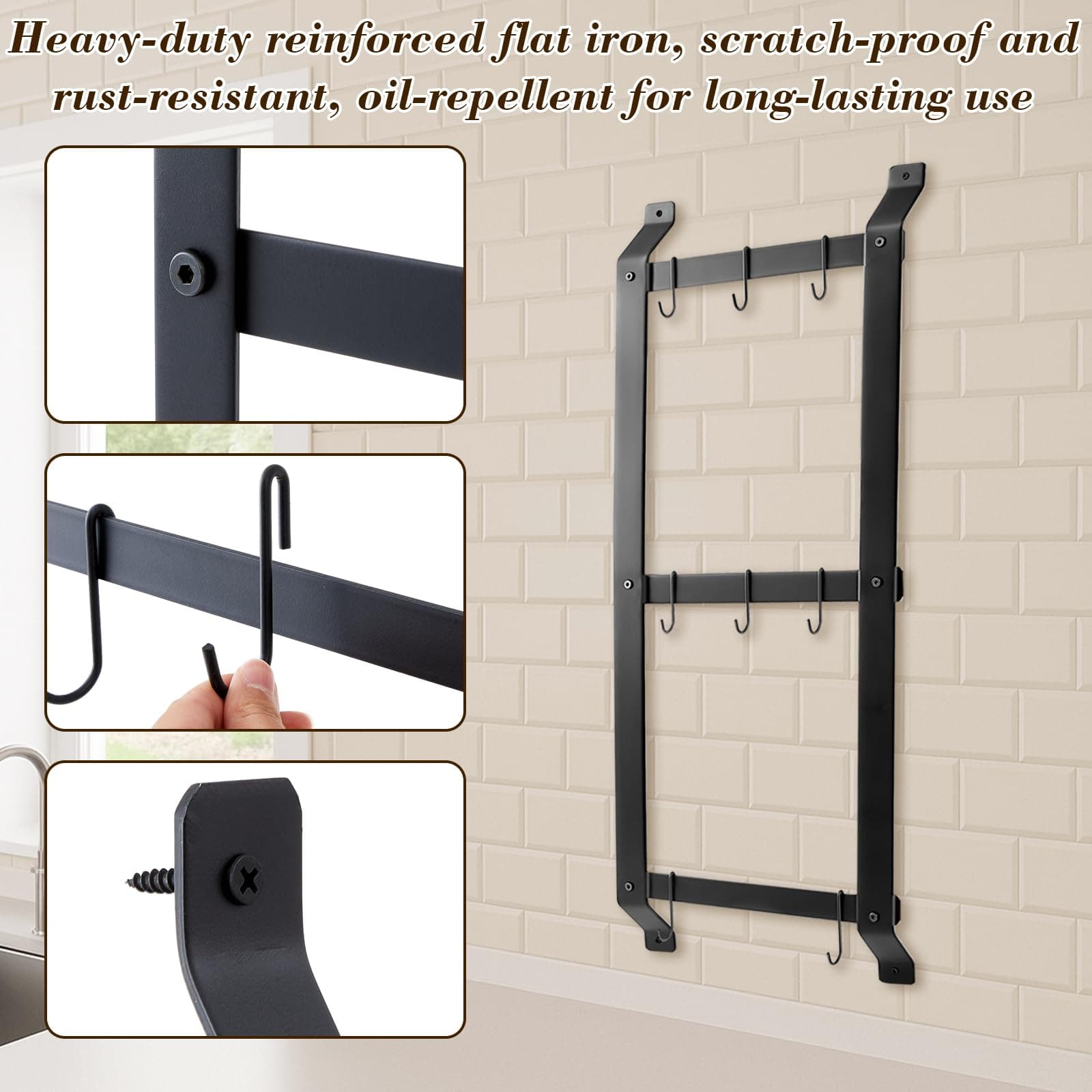 MorningRo 37” 3-Tier Iron Wall Mounted Pot & Pan Hanging Rack, Vertical Storage - Thumbnail 6