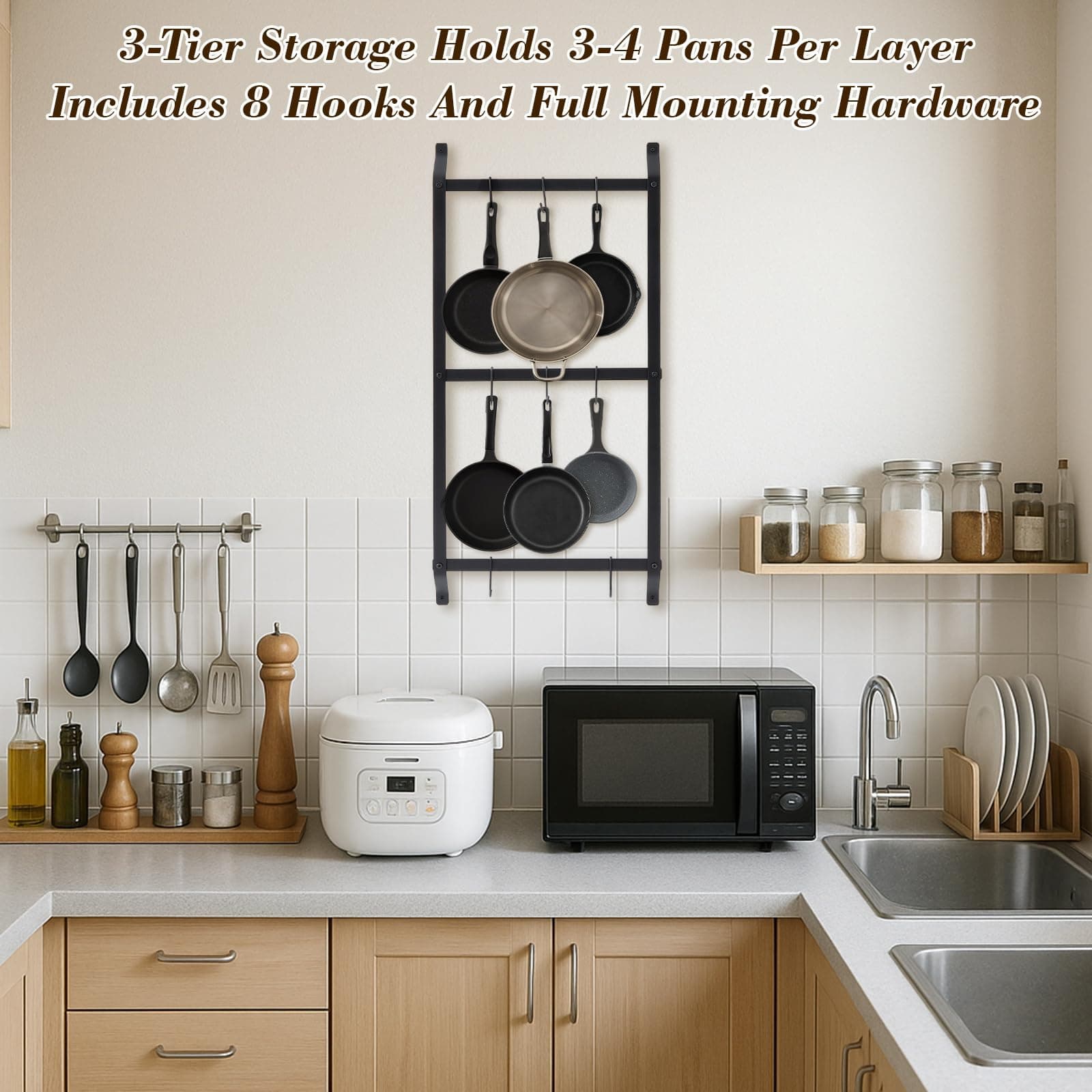 MorningRo 37” 3-Tier Iron Wall Mounted Pot & Pan Hanging Rack, Vertical Storage - Thumbnail 3