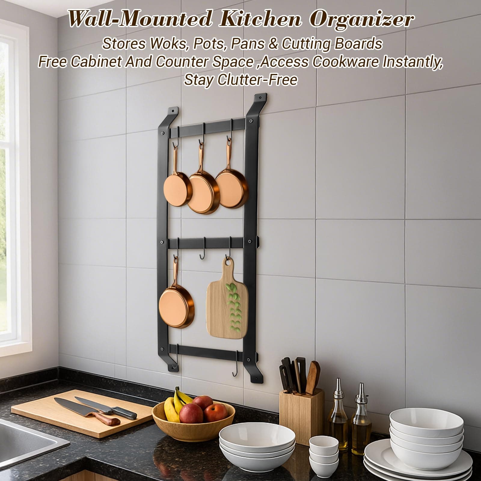 MorningRo 37” 3-Tier Iron Wall Mounted Pot & Pan Hanging Rack, Vertical Storage - Thumbnail 4