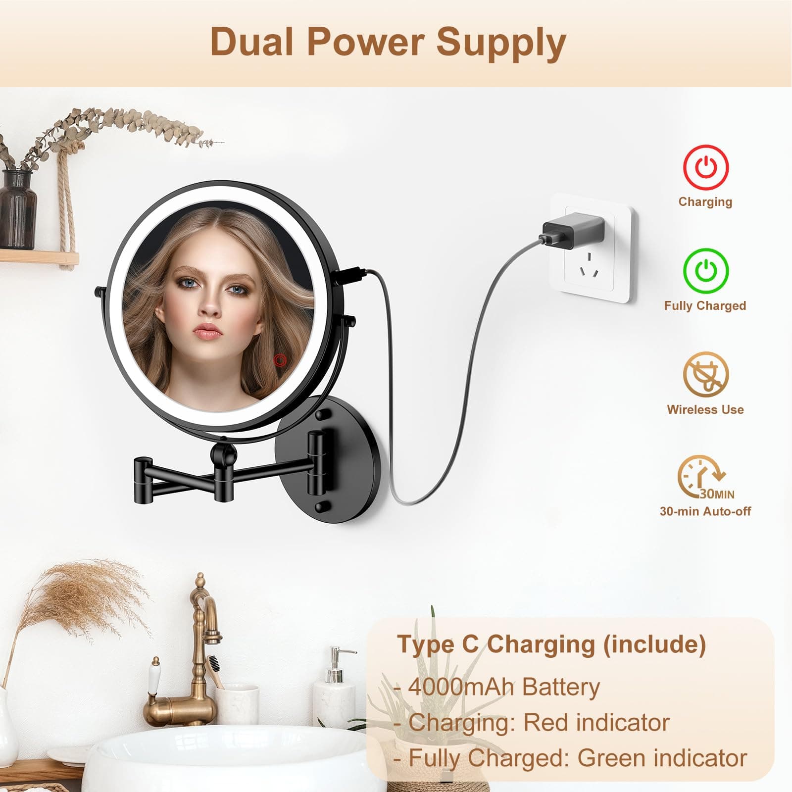 9" Wall Mounted Lighted Makeup Mirror 4000mAh Rechargeable Double Sided 1X/10X M - Thumbnail 5