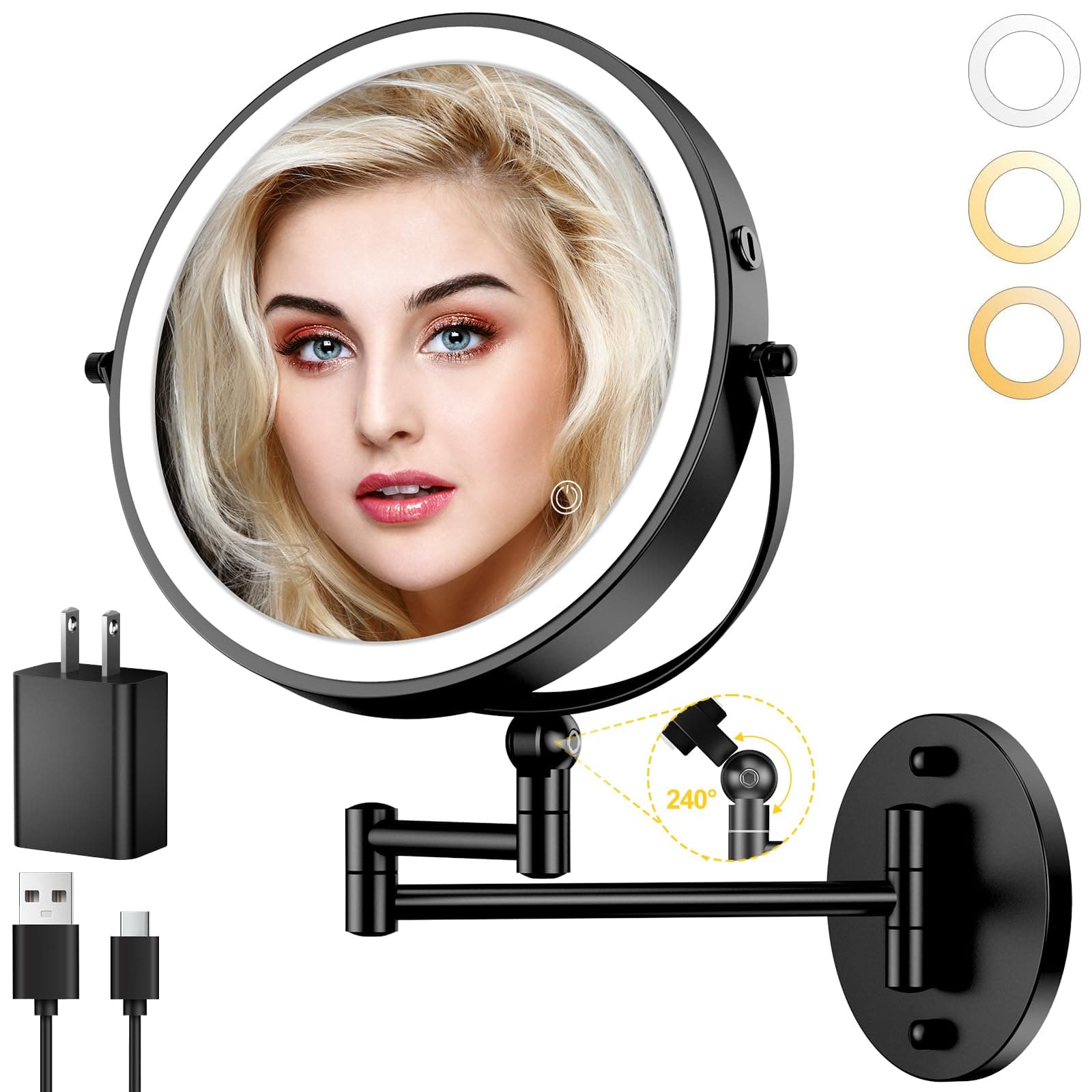 9" Wall Mounted Lighted Makeup Mirror 4000mAh Rechargeable Double Sided 1X/10X M - Thumbnail 7