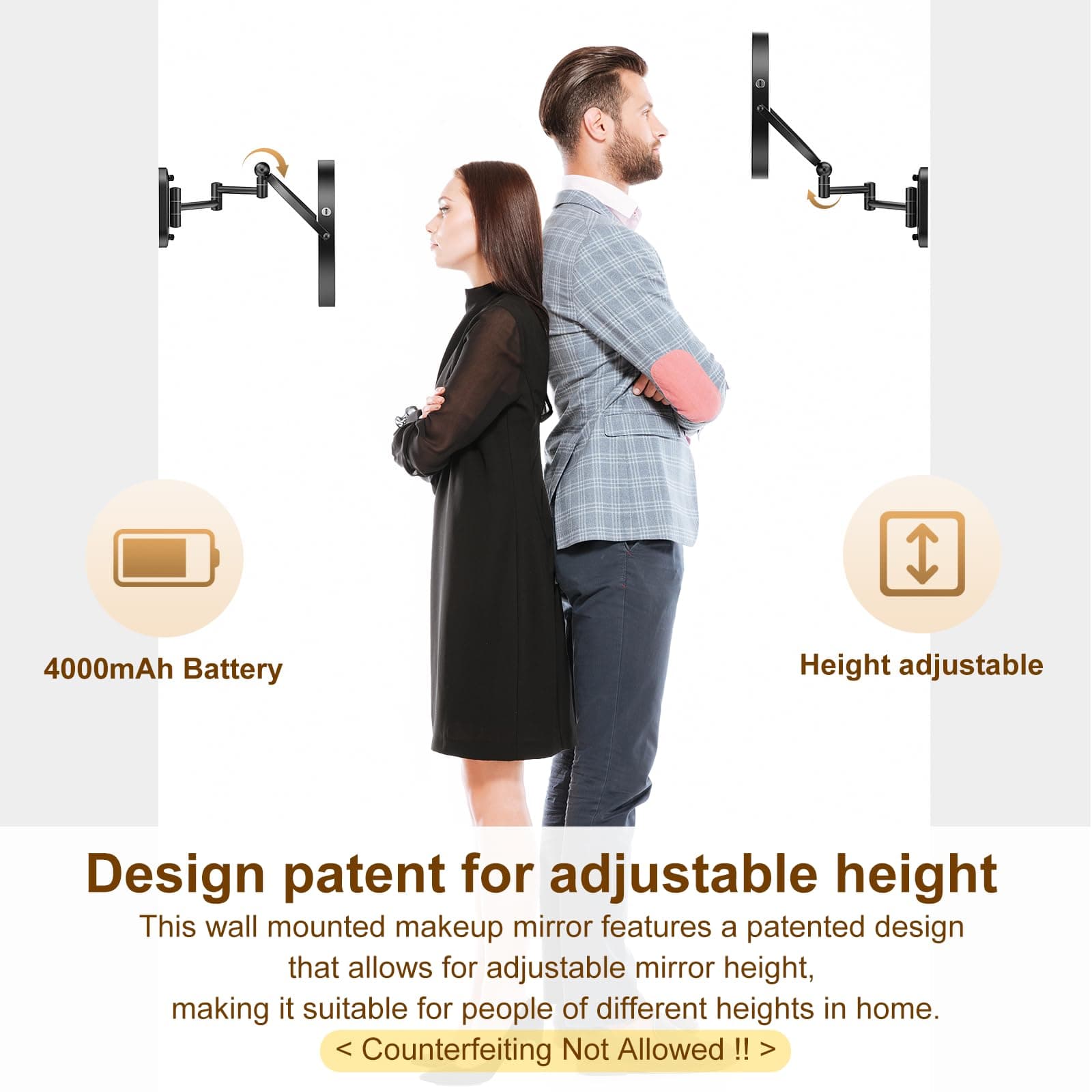 9" Wall Mounted Lighted Makeup Mirror 4000mAh Rechargeable Double Sided 1X/10X M - Thumbnail 2