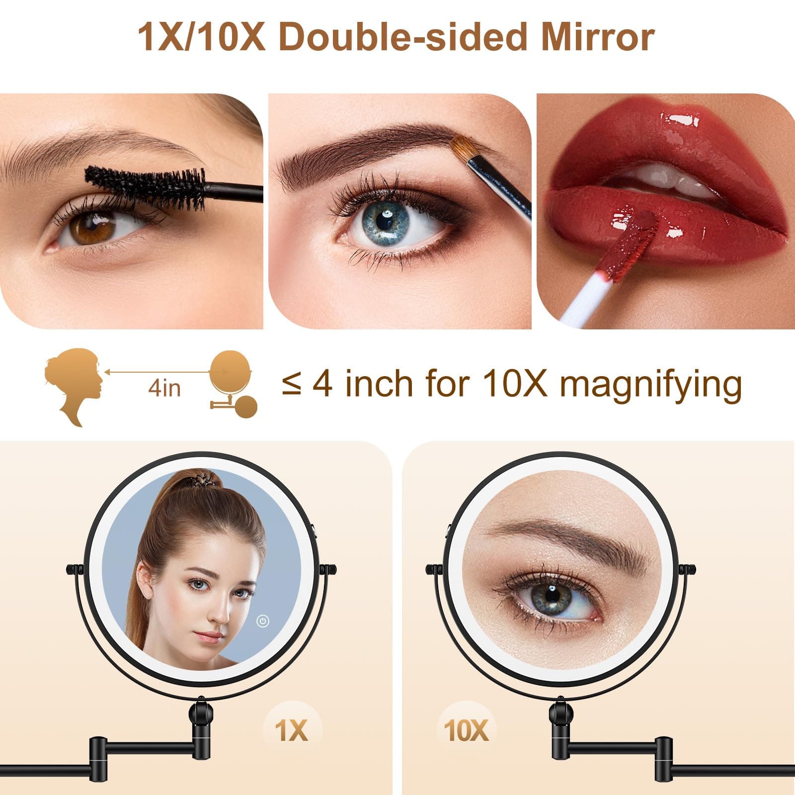 9" Wall Mounted Lighted Makeup Mirror 4000mAh Rechargeable Double Sided 1X/10X M - Thumbnail 3