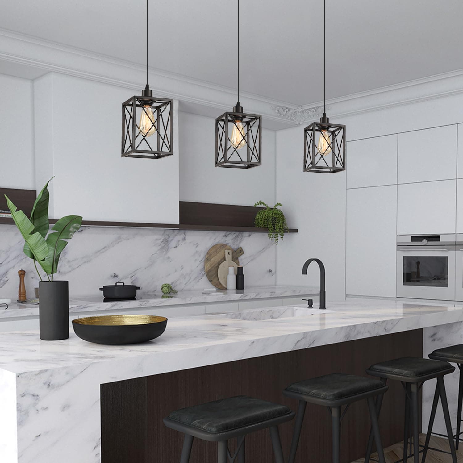CAFULAM Farmhouse Pendant Light Fixture, Black Pendant Lights for Kitchen Island - Thumbnail 2