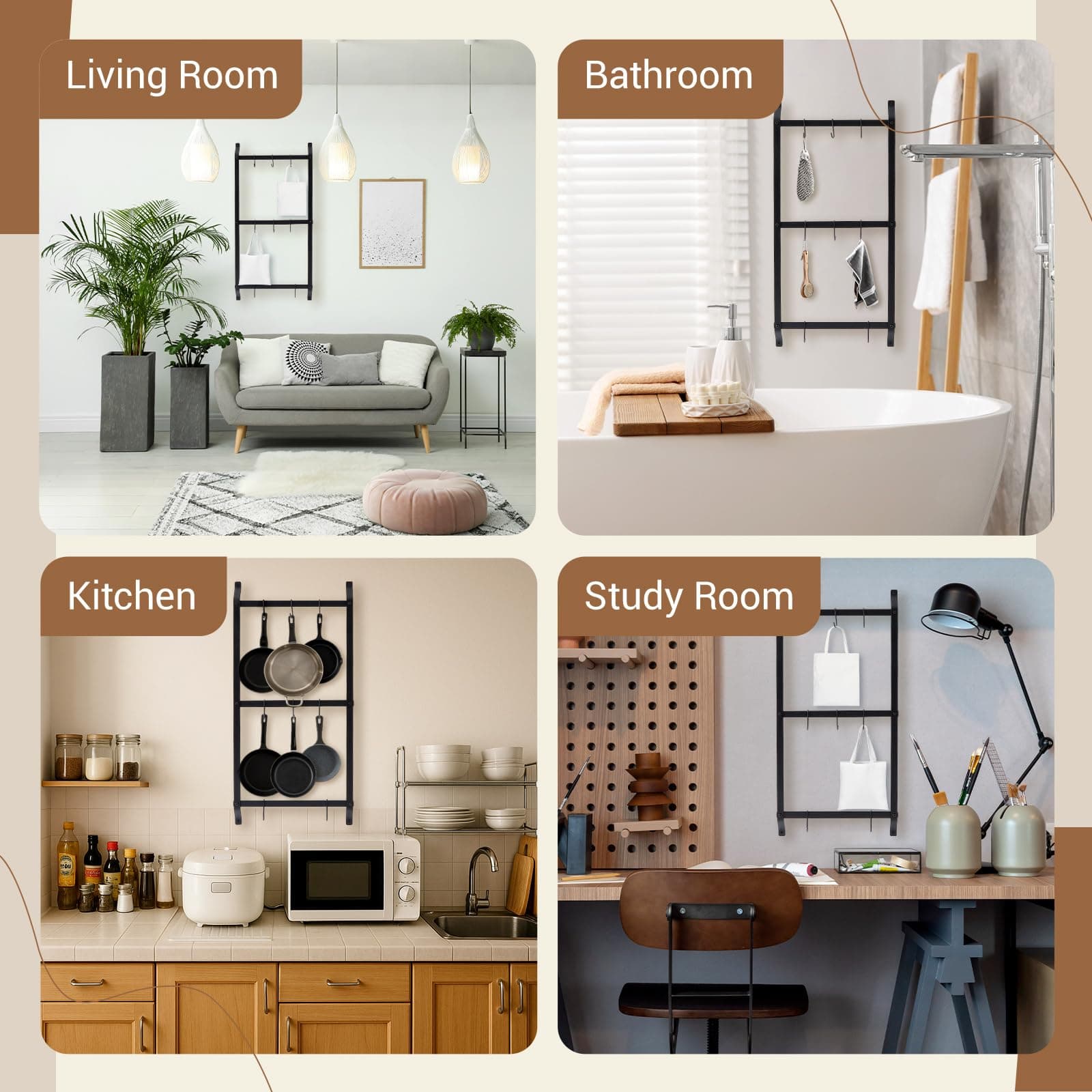 MorningRo 37” 3-Tier Iron Wall Mounted Pot & Pan Hanging Rack, Vertical Storage - Thumbnail 5