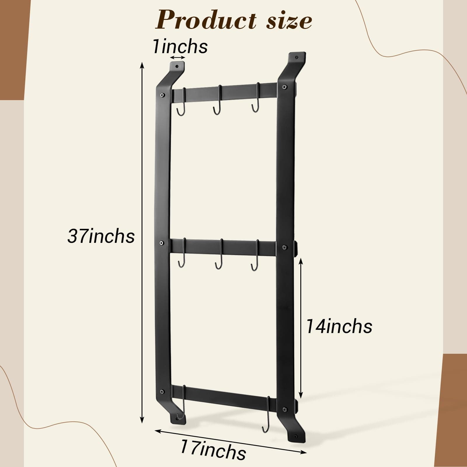 MorningRo 37” 3-Tier Iron Wall Mounted Pot & Pan Hanging Rack, Vertical Storage - Thumbnail 2