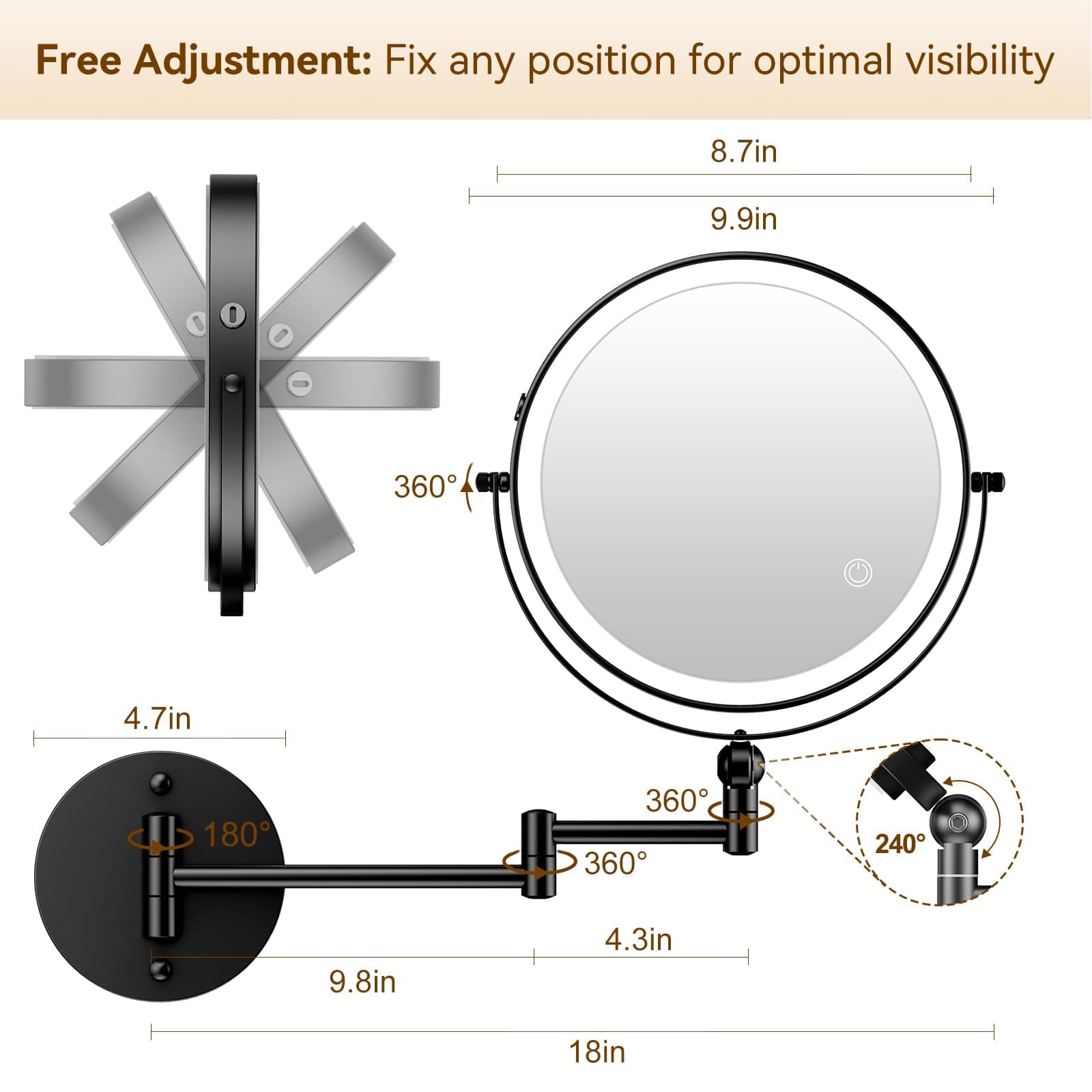 9" Wall Mounted Lighted Makeup Mirror 4000mAh Rechargeable Double Sided 1X/10X M - Thumbnail 6