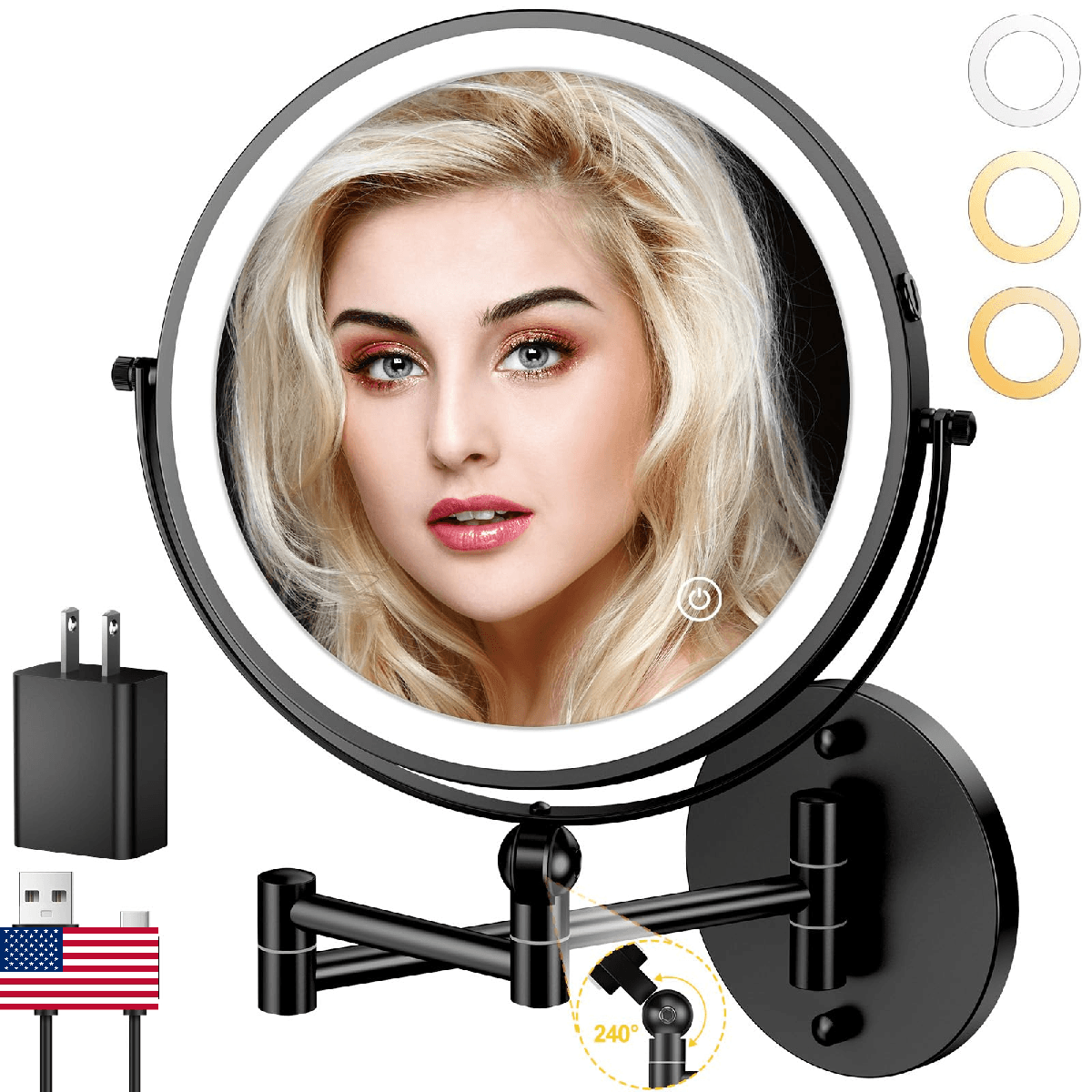 9" Wall Mounted Lighted Makeup Mirror 4000mAh Rechargeable Double Sided 1X/10X M - Image 1