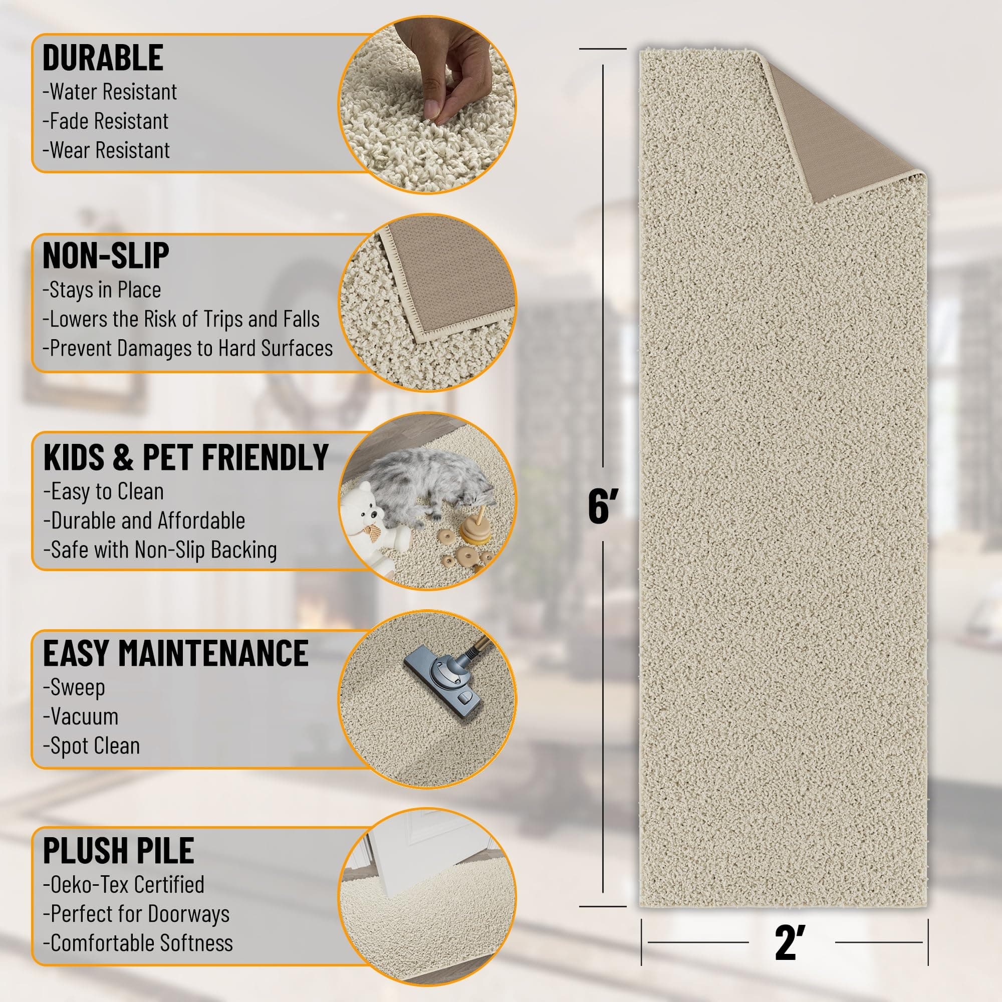 Ottomanson 2' x 6' Shaggy Runner Rug - Plush & Cozy Non-Slip Carpet for Bedroom, - Thumbnail 2