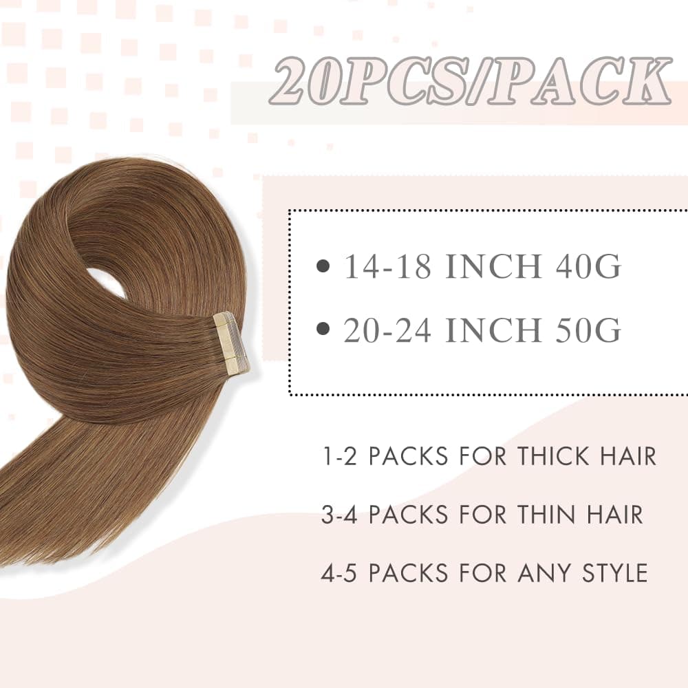 Tape in Hair Extensions Human Hair Medium Brown Remy Hair Extensions 20pcs 14 In - Thumbnail 2
