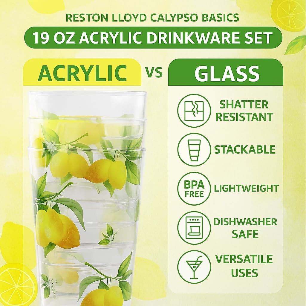 Reston Lloyd Calypso Basics Fresh Lemons 19 oz Acrylic Drinkware Set of 6 – BPA- - Thumbnail 10