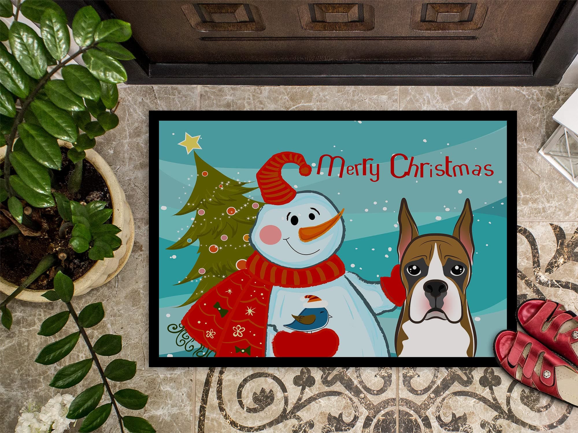 Caroline's Treasures BB1843MAT Snowman with Boxer Doormat 18x27 Front Door Mat I - Thumbnail 4