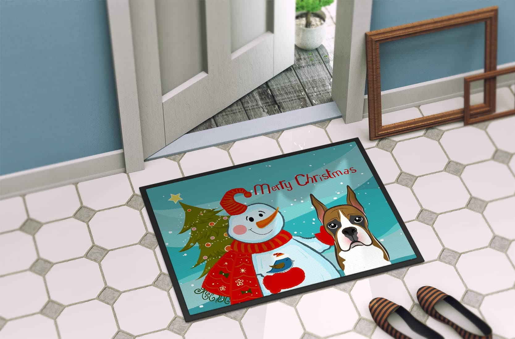Caroline's Treasures BB1843MAT Snowman with Boxer Doormat 18x27 Front Door Mat I - Thumbnail 2