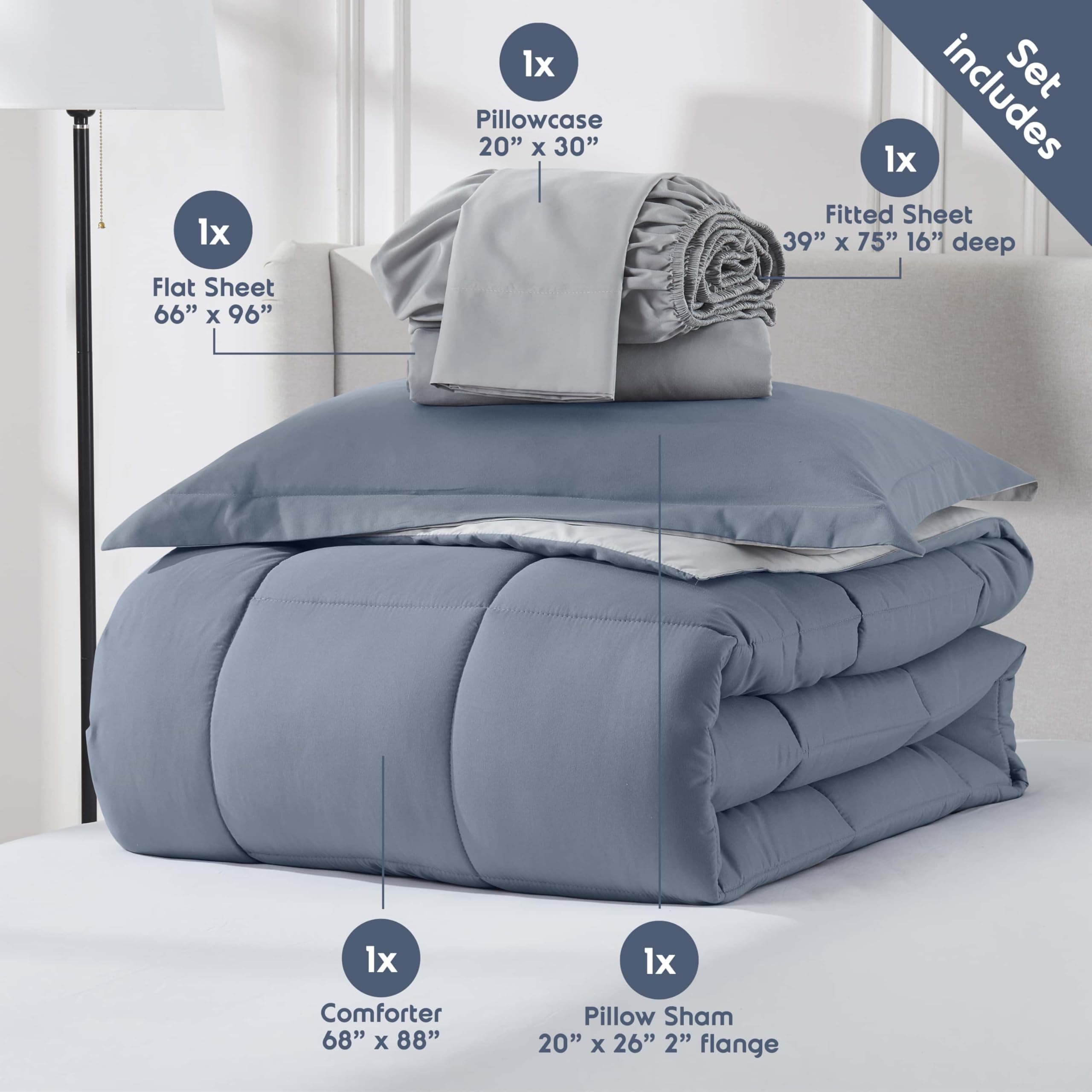 Nestl 5 Piece Twin Comforter Set – Stone Blue Reversible Bed in a Bag – Complete - Thumbnail 4