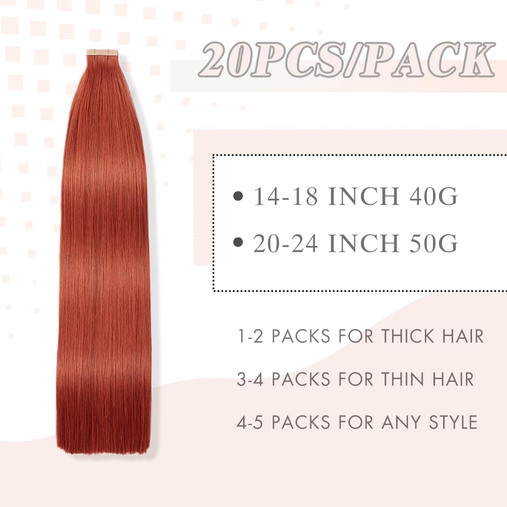 Copper Remy Human Hair Tape-In Extensions 20pcs 14 Inch Straight Invisible Weft - Thumbnail 2