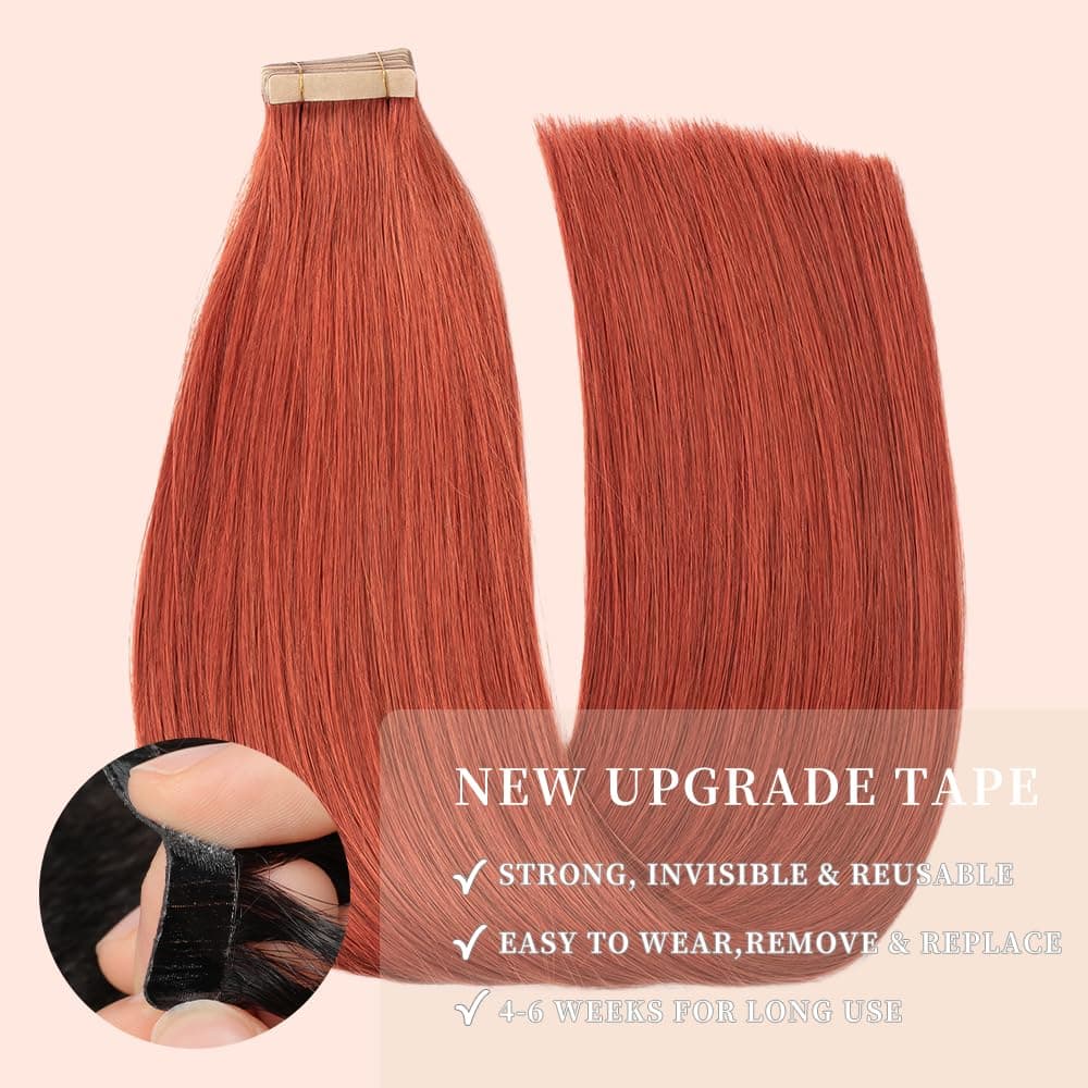 Copper Remy Human Hair Tape-In Extensions 20pcs 14 Inch Straight Invisible Weft - Thumbnail 4