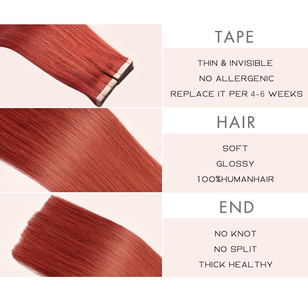 Copper Remy Human Hair Tape-In Extensions 20pcs 14 Inch Straight Invisible Weft - Thumbnail 3