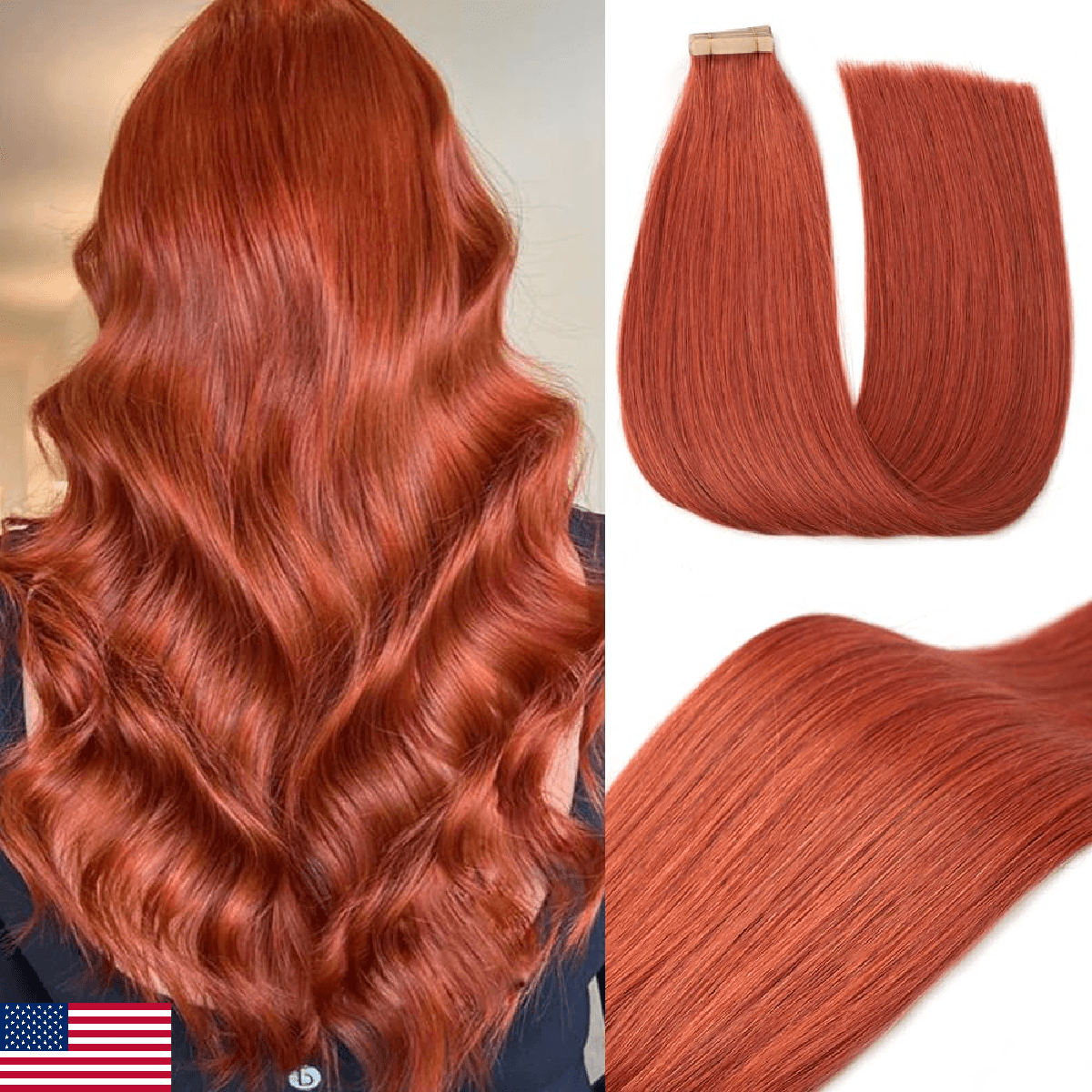 Copper Remy Human Hair Tape-In Extensions 20pcs 14 Inch Straight Invisible Weft - Image 1