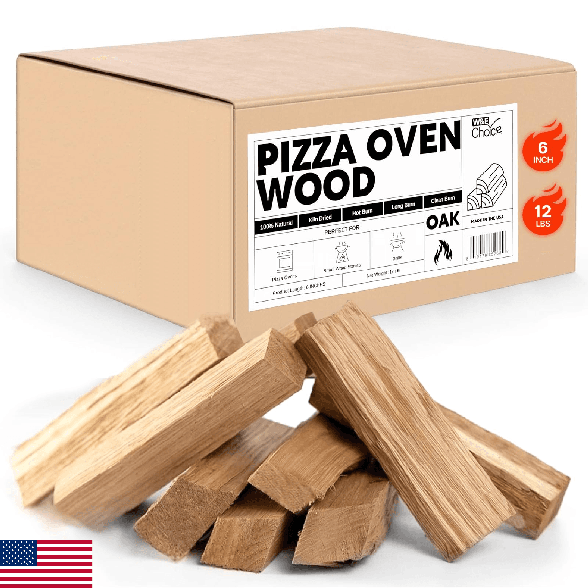 W&E Choice Pizza Oven Wood 6 Inch Mini Logs, 12 lbs Box, Kiln Dried Oak Firewood - Image 1