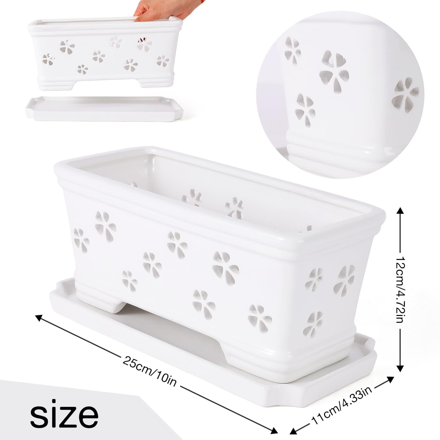 10 Inch Rectangle Ceramic Orchid Pot with Holes & Saucer - White, Effective Drai - Thumbnail 2
