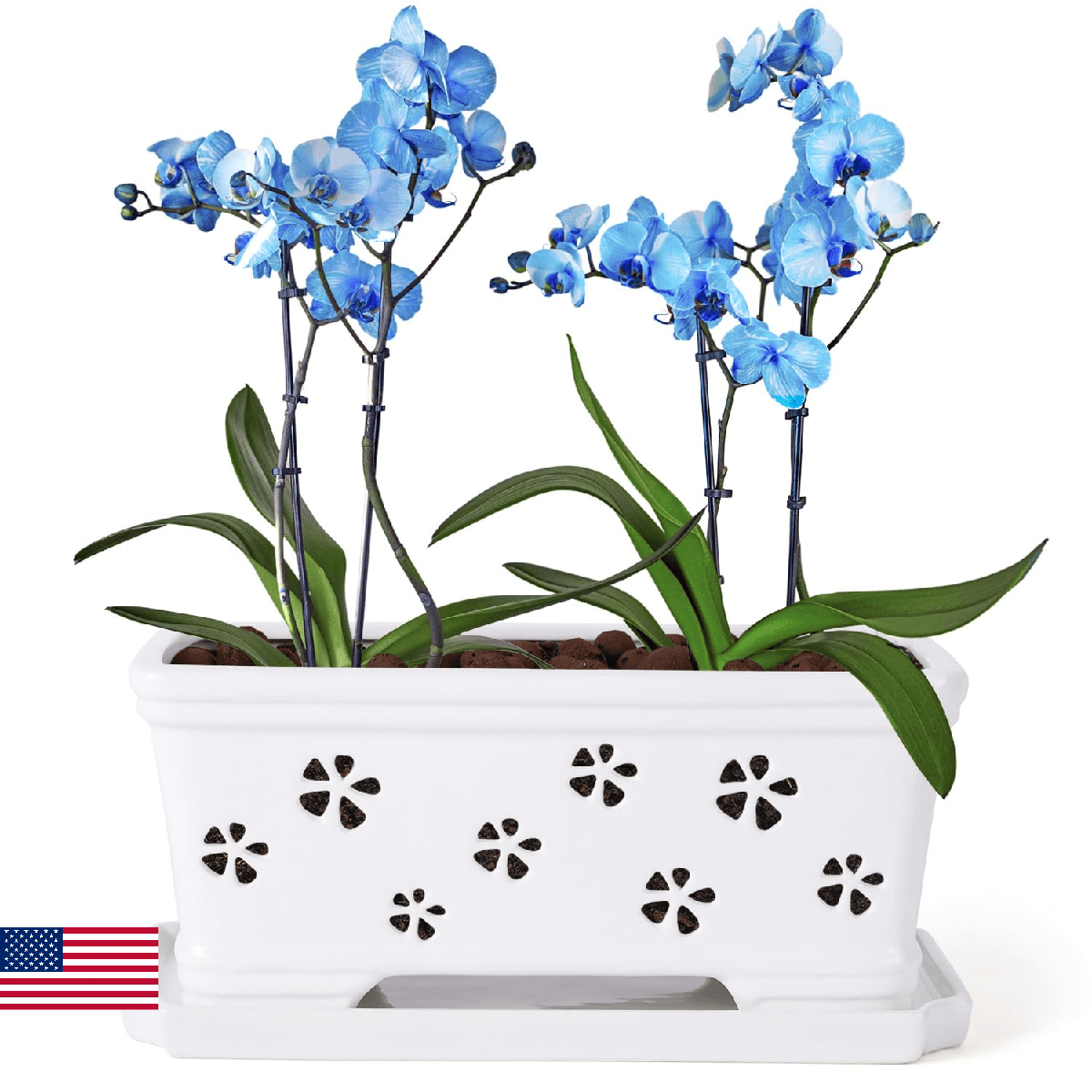 10 Inch Rectangle Ceramic Orchid Pot with Holes & Saucer - White, Effective Drai - Image 1