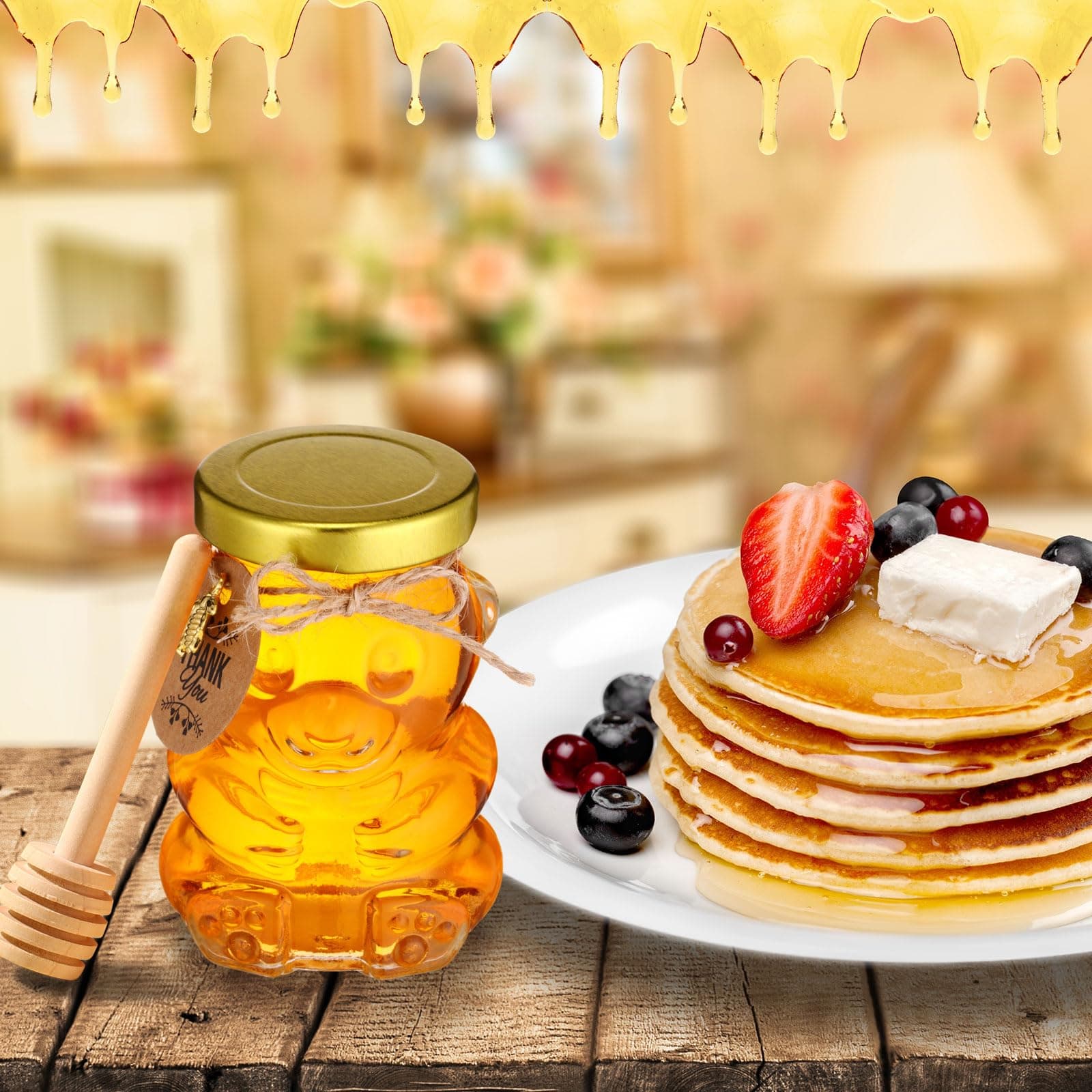 Pickmesh 24 Set 4 oz Bear Shaped Rosh Hashanah Glass Honey Jars with Dipper Bee - Thumbnail 4