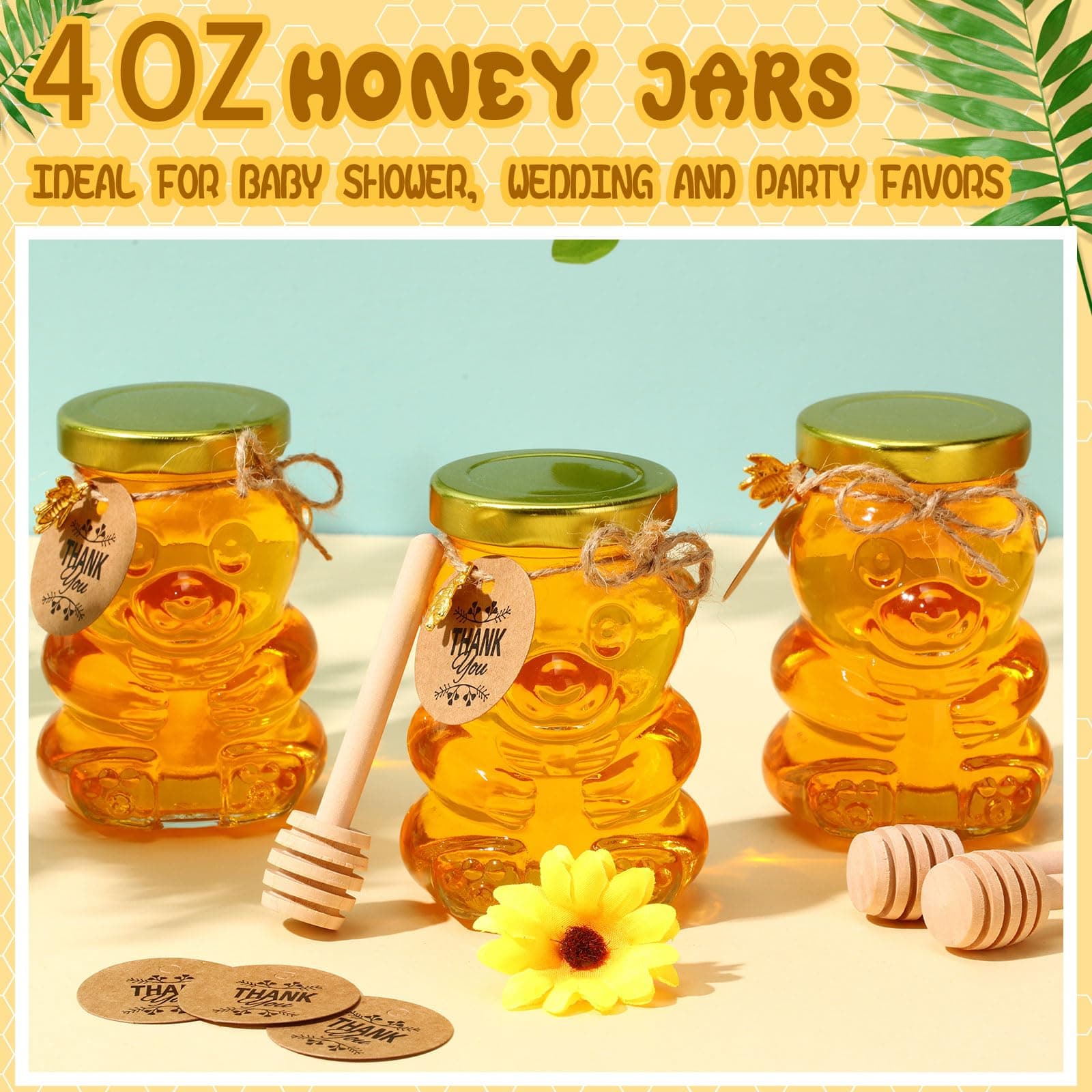 Pickmesh 24 Set 4 oz Bear Shaped Rosh Hashanah Glass Honey Jars with Dipper Bee - Thumbnail 5