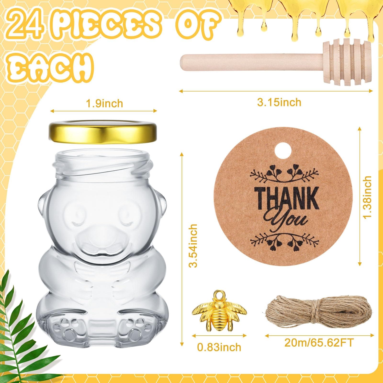 Pickmesh 24 Set 4 oz Bear Shaped Rosh Hashanah Glass Honey Jars with Dipper Bee - Thumbnail 2