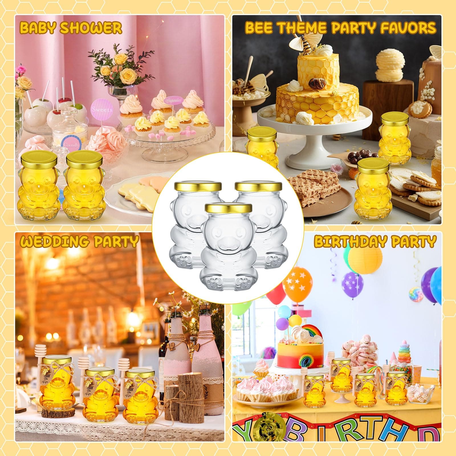 Pickmesh 24 Set 4 oz Bear Shaped Rosh Hashanah Glass Honey Jars with Dipper Bee - Thumbnail 6