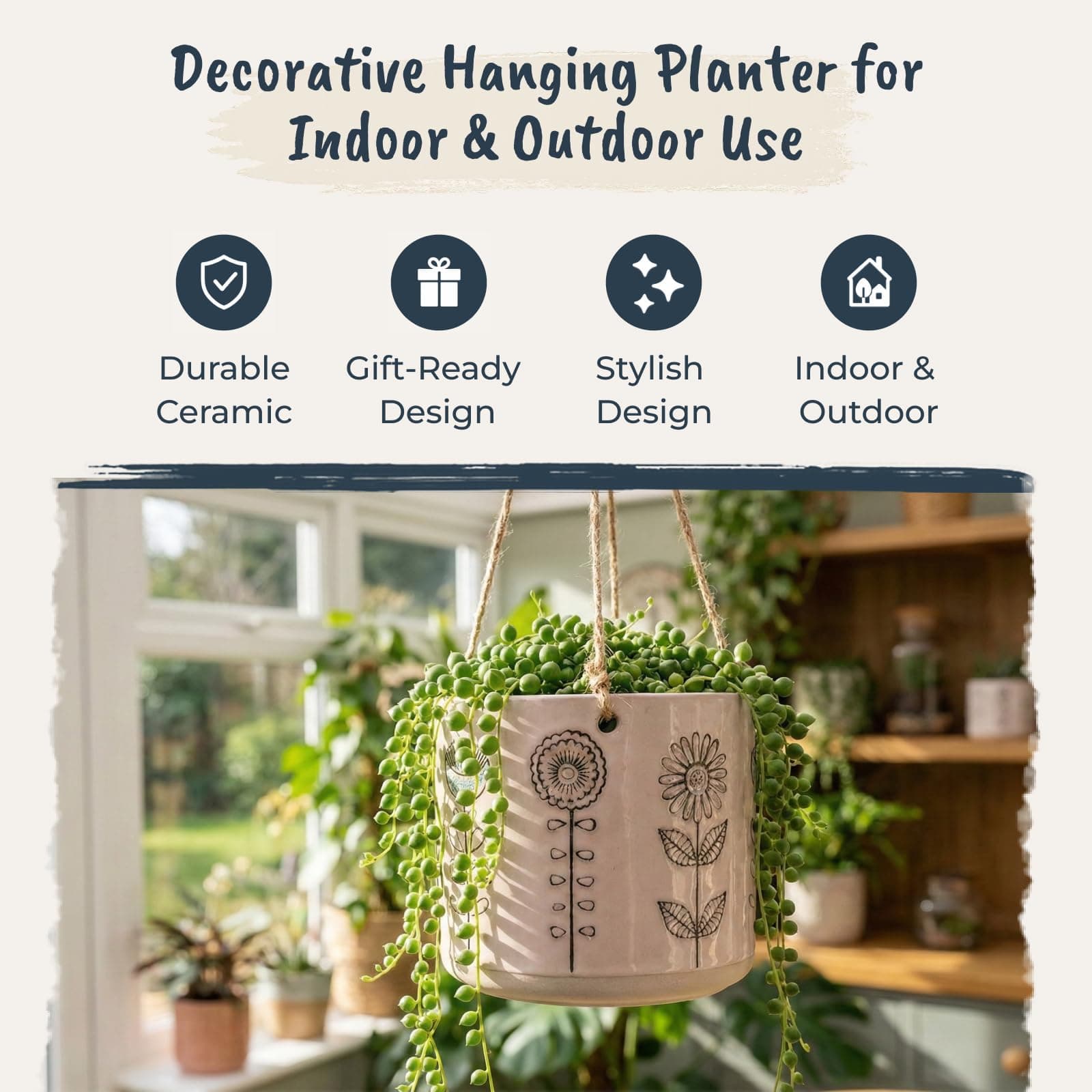 Blue Sky Ceramic Hanging Bobby Garden 5" Flower Pot, Multi Color - Thumbnail 4