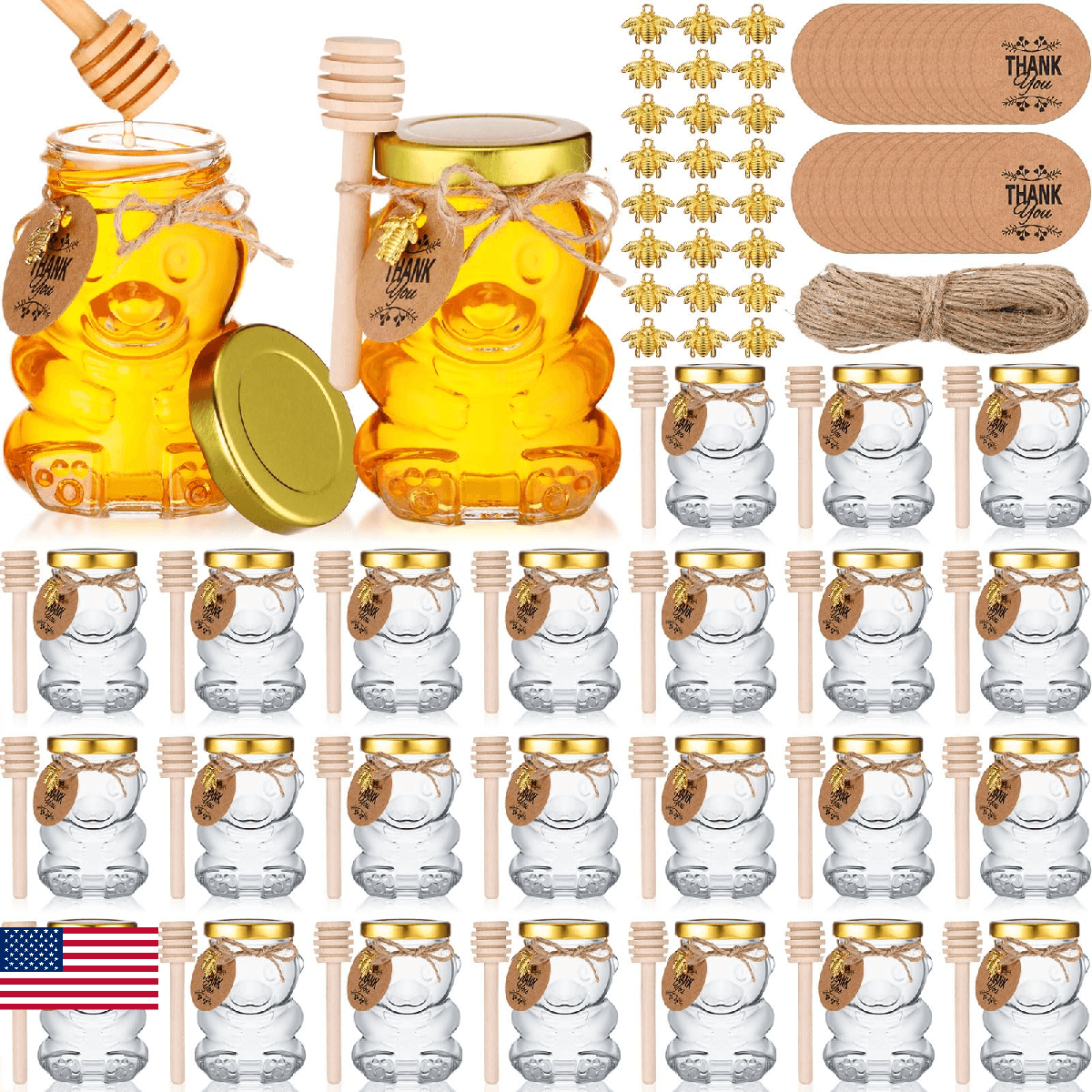 Pickmesh 24 Set 4 oz Bear Shaped Rosh Hashanah Glass Honey Jars with Dipper Bee - Image 1