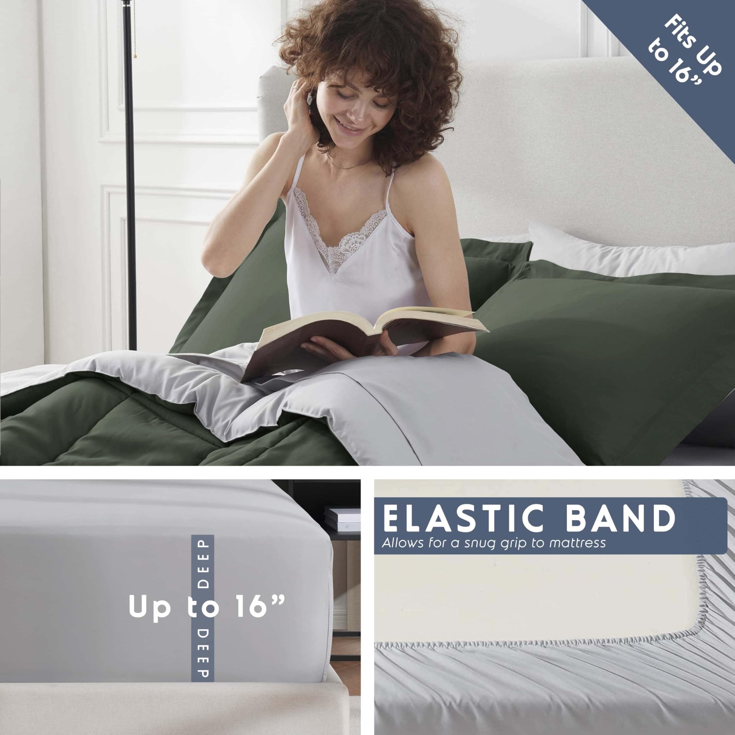 Nestl 7 Piece Full Comforter Set – Olive Green Reversible Bed in a Bag – Complet - Thumbnail 5