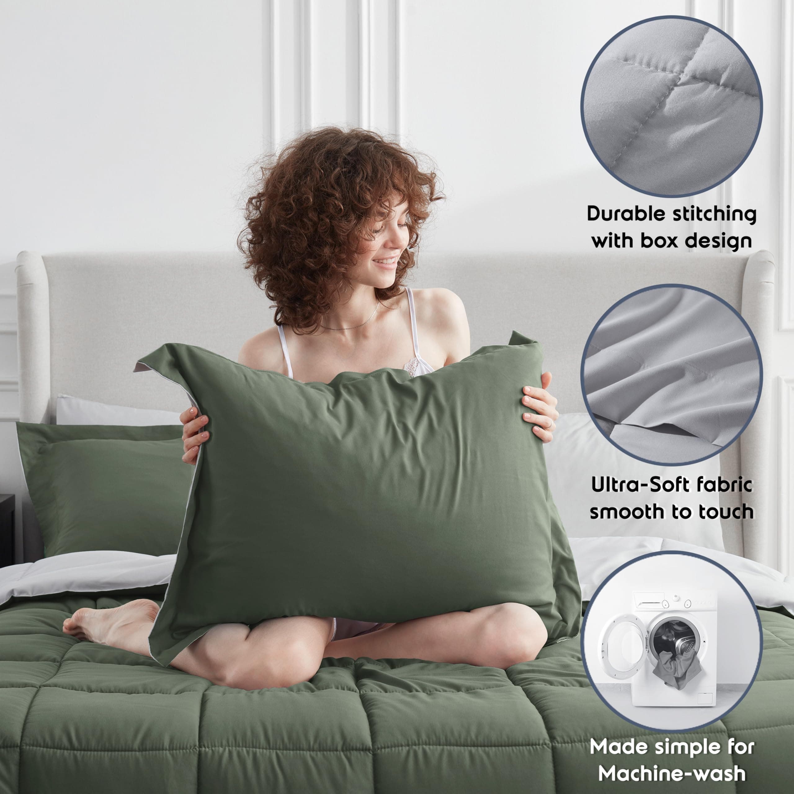 Nestl 7 Piece Full Comforter Set – Olive Green Reversible Bed in a Bag – Complet - Thumbnail 7