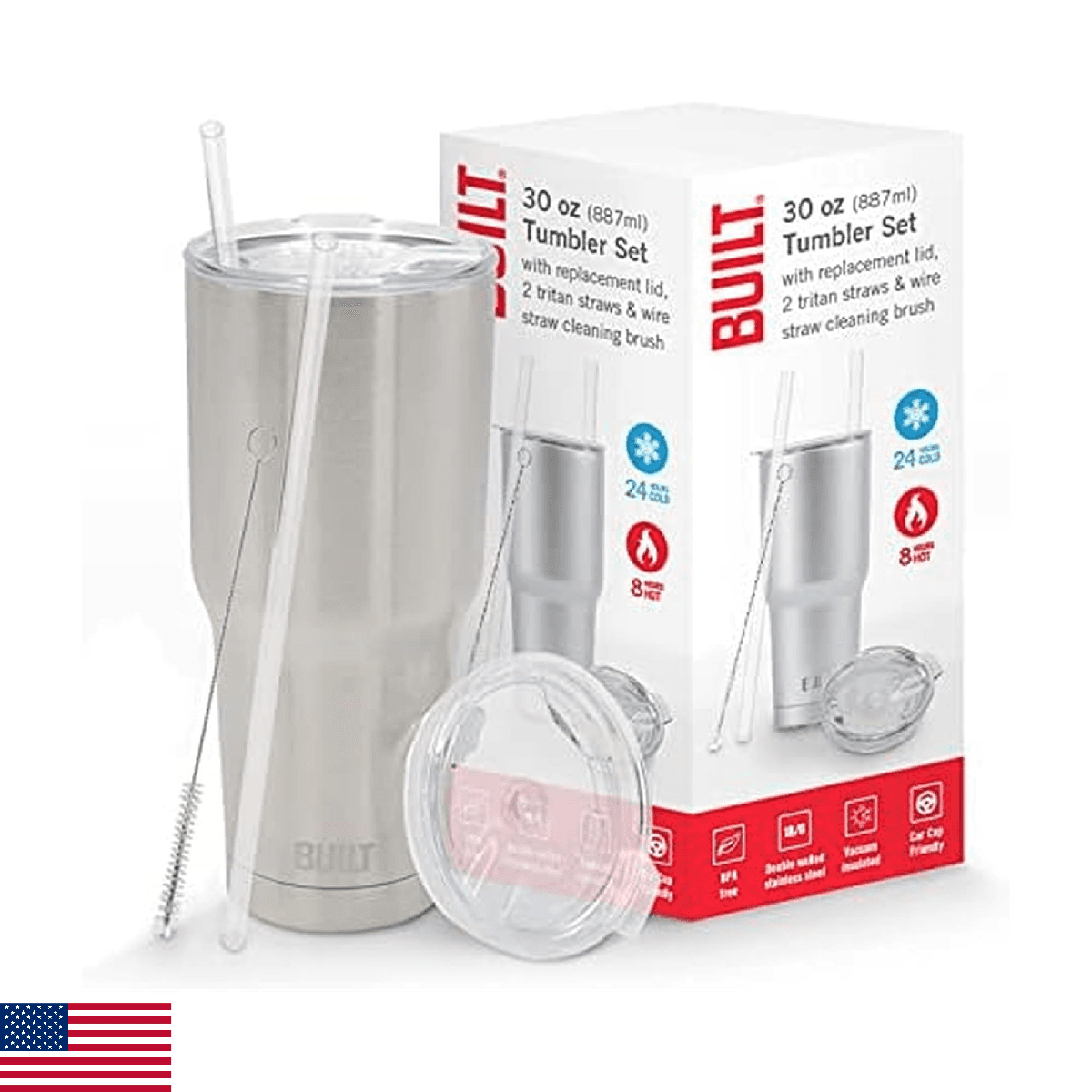 Built Double Walled Stainless Steel Tumbler Set with Replacement Lid 30oz 2 Reus - Image 1