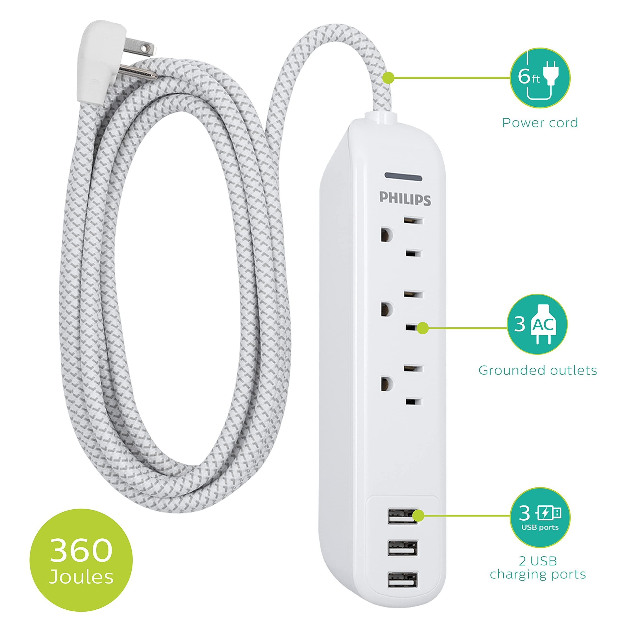Philips Surge Protector Power Strip, 3 Outlet Surge Protector, 6Ft Cord Power St - Thumbnail 2