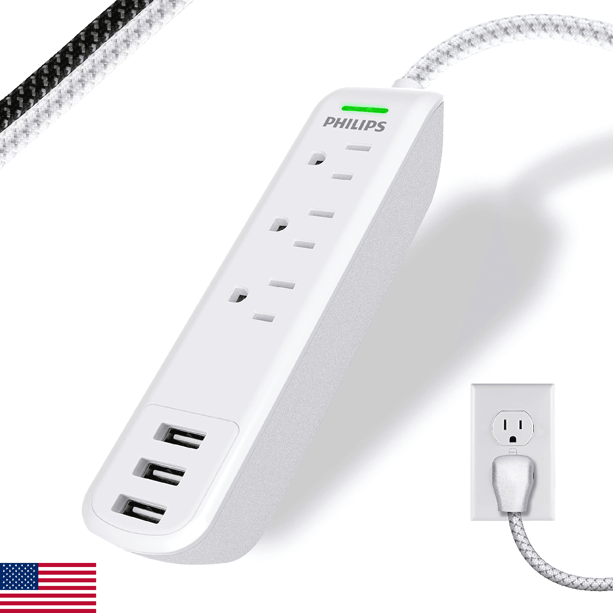 Philips Surge Protector Power Strip, 3 Outlet Surge Protector, 6Ft Cord Power St - Image 1