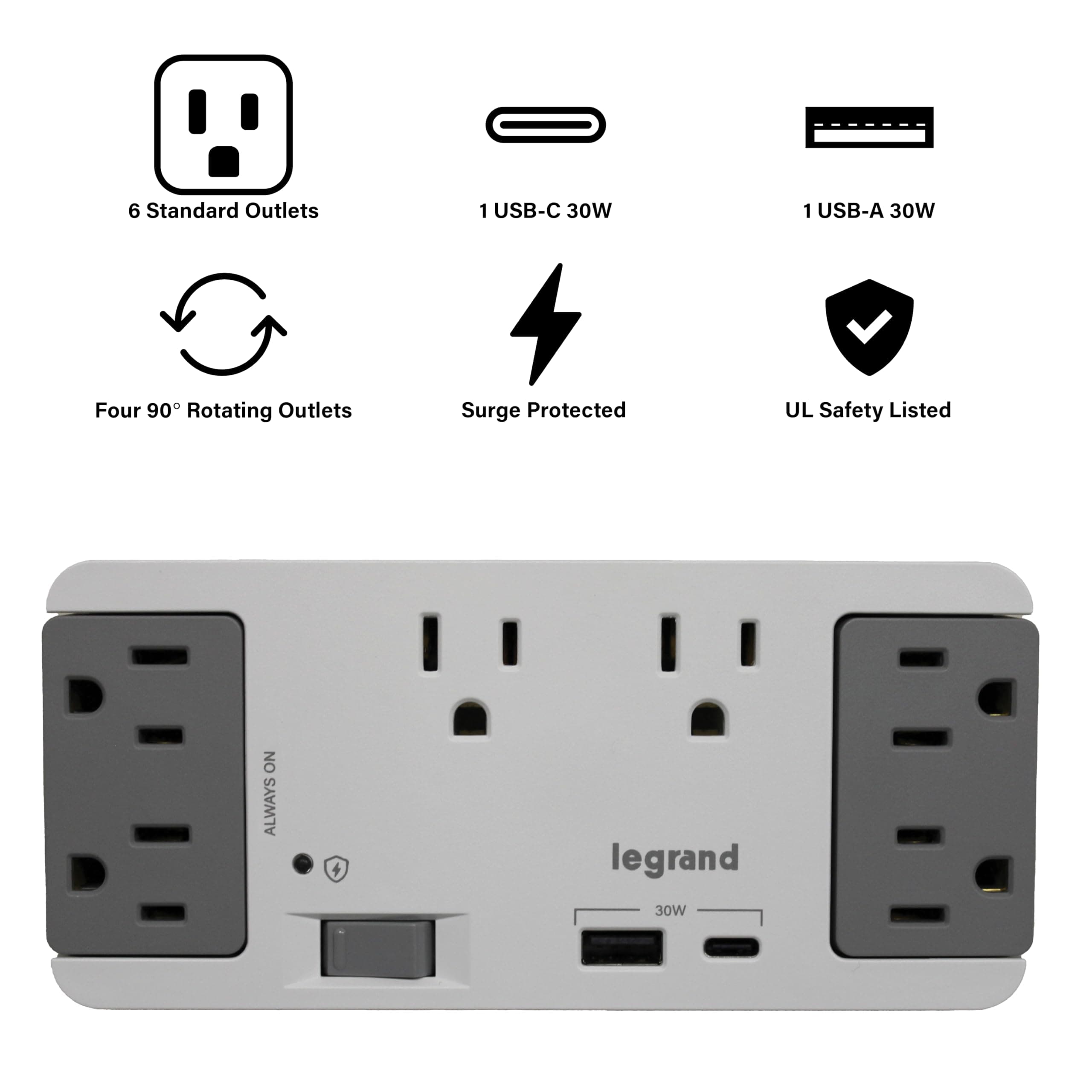 On-Q 6 Outlet Enclosure Surge Protector with One USB-A and One USB-C - Thumbnail 4
