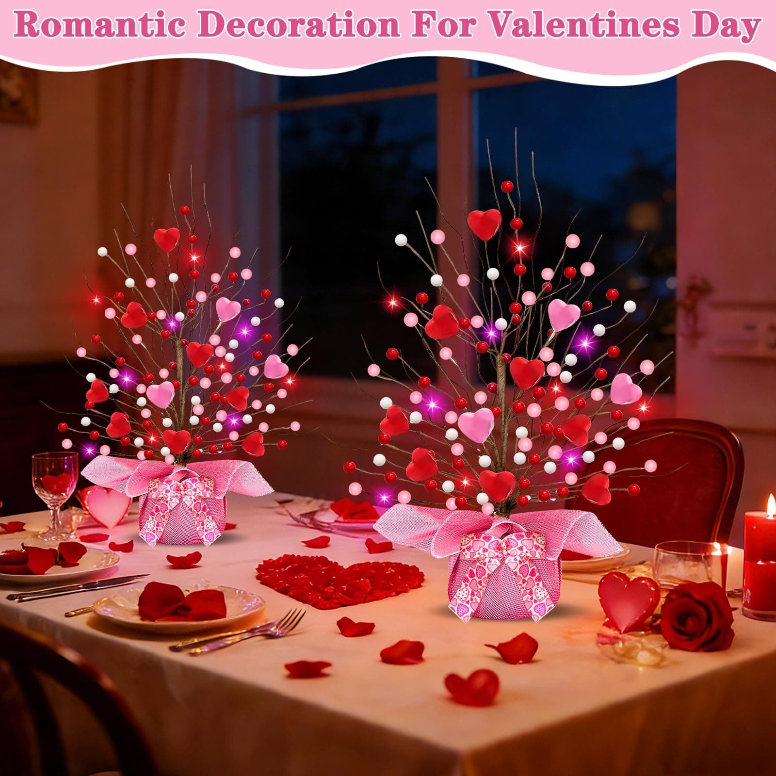 Valentines Day Decorations, Timer 2 Pack 18 Inch Lighted Valentines Tree Table D - Thumbnail 5