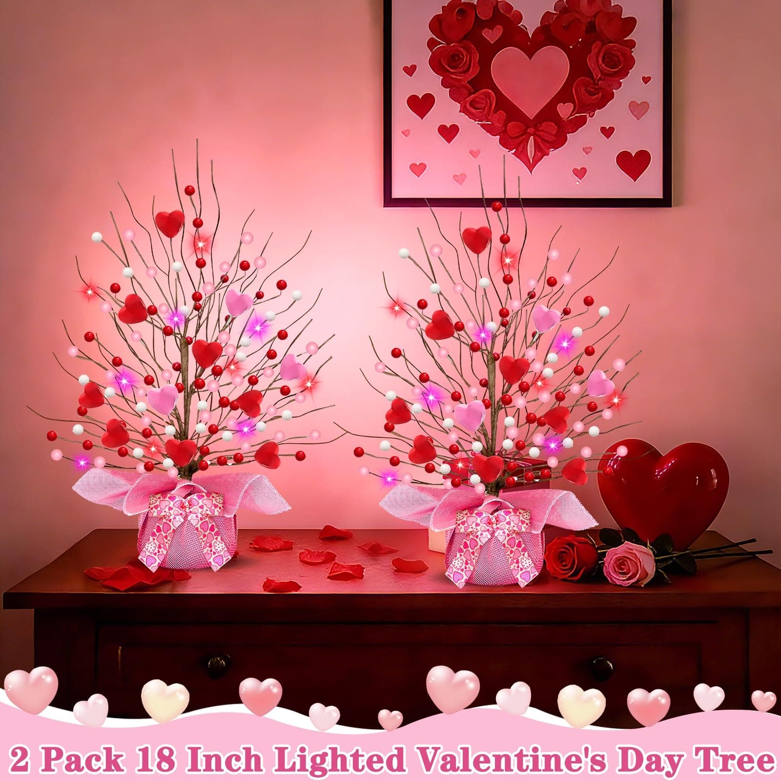Valentines Day Decorations, Timer 2 Pack 18 Inch Lighted Valentines Tree Table D - Thumbnail 6