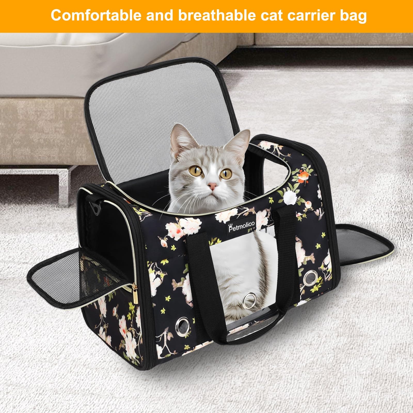 Petmolico Cat Carrier Soft-Sided Pet Bag Small Medium Cats Puppies 16lb Airline - Thumbnail 6