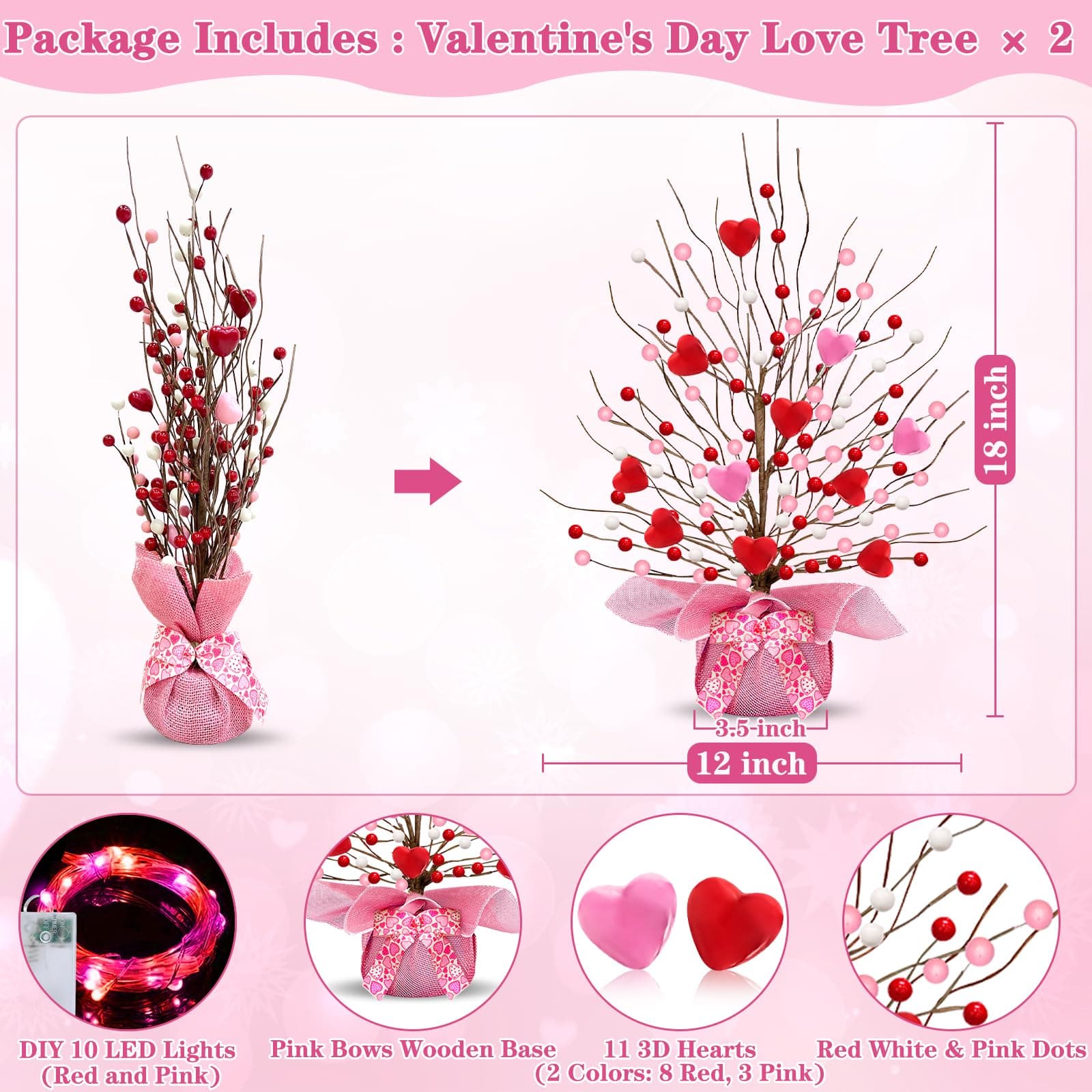 Valentines Day Decorations, Timer 2 Pack 18 Inch Lighted Valentines Tree Table D - Thumbnail 4
