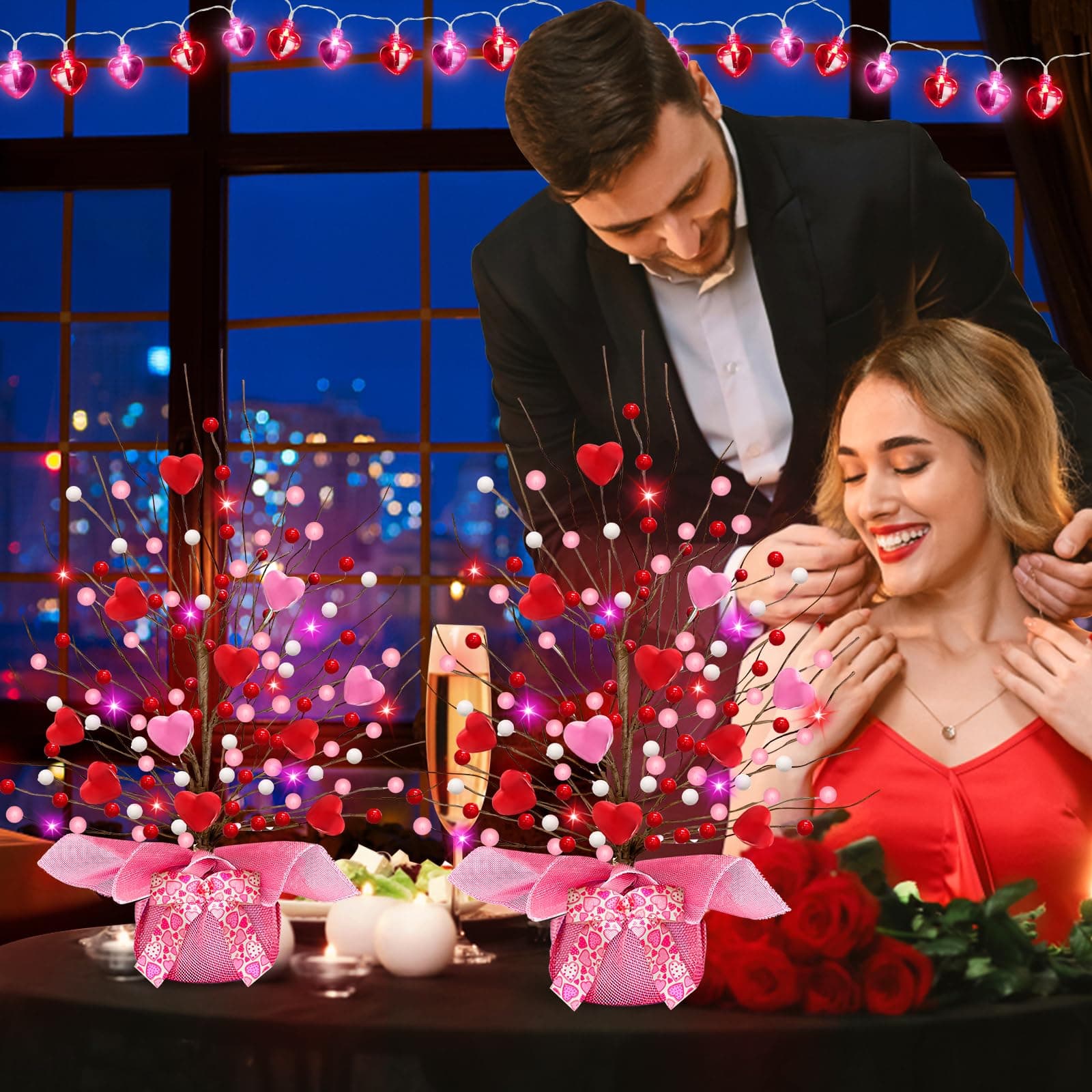 Valentines Day Decorations, Timer 2 Pack 18 Inch Lighted Valentines Tree Table D - Thumbnail 3