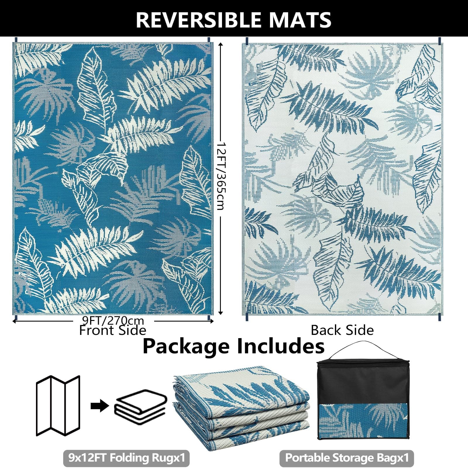 Falflor Outdoor Rug Waterproof 9x12, Reversible Plastic Straw Rug Patio Rug, Lar - Thumbnail 2