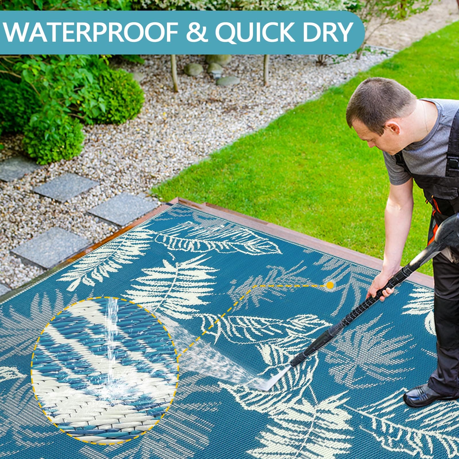 Falflor Outdoor Rug Waterproof 9x12, Reversible Plastic Straw Rug Patio Rug, Lar - Thumbnail 4