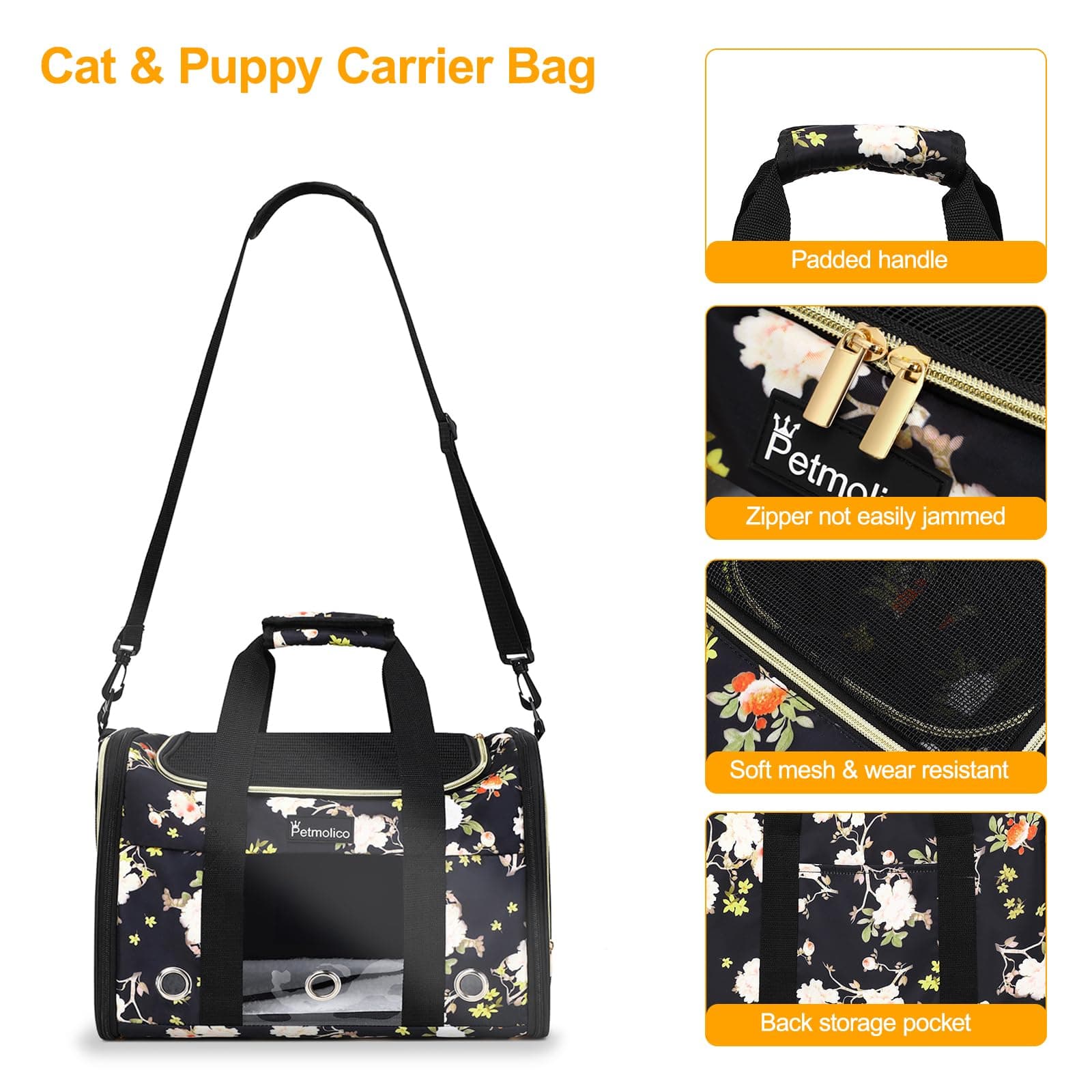 Petmolico Cat Carrier Soft-Sided Pet Bag Small Medium Cats Puppies 16lb Airline - Thumbnail 2