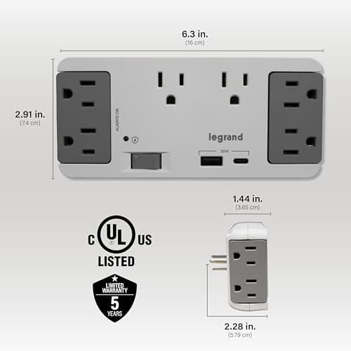 On-Q 6 Outlet Enclosure Surge Protector with One USB-A and One USB-C - Thumbnail 11