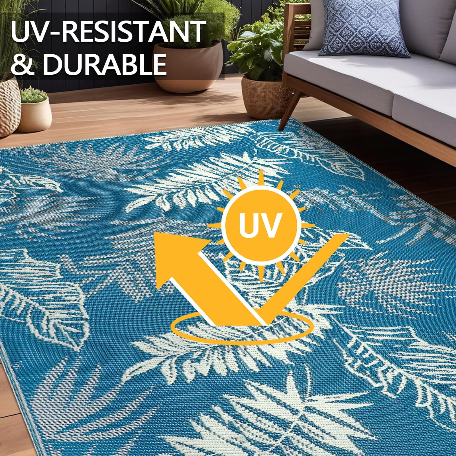 Falflor Outdoor Rug Waterproof 9x12, Reversible Plastic Straw Rug Patio Rug, Lar - Thumbnail 5