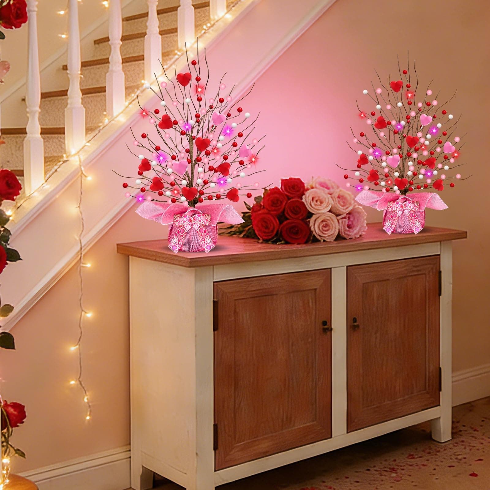 Valentines Day Decorations, Timer 2 Pack 18 Inch Lighted Valentines Tree Table D - Thumbnail 8