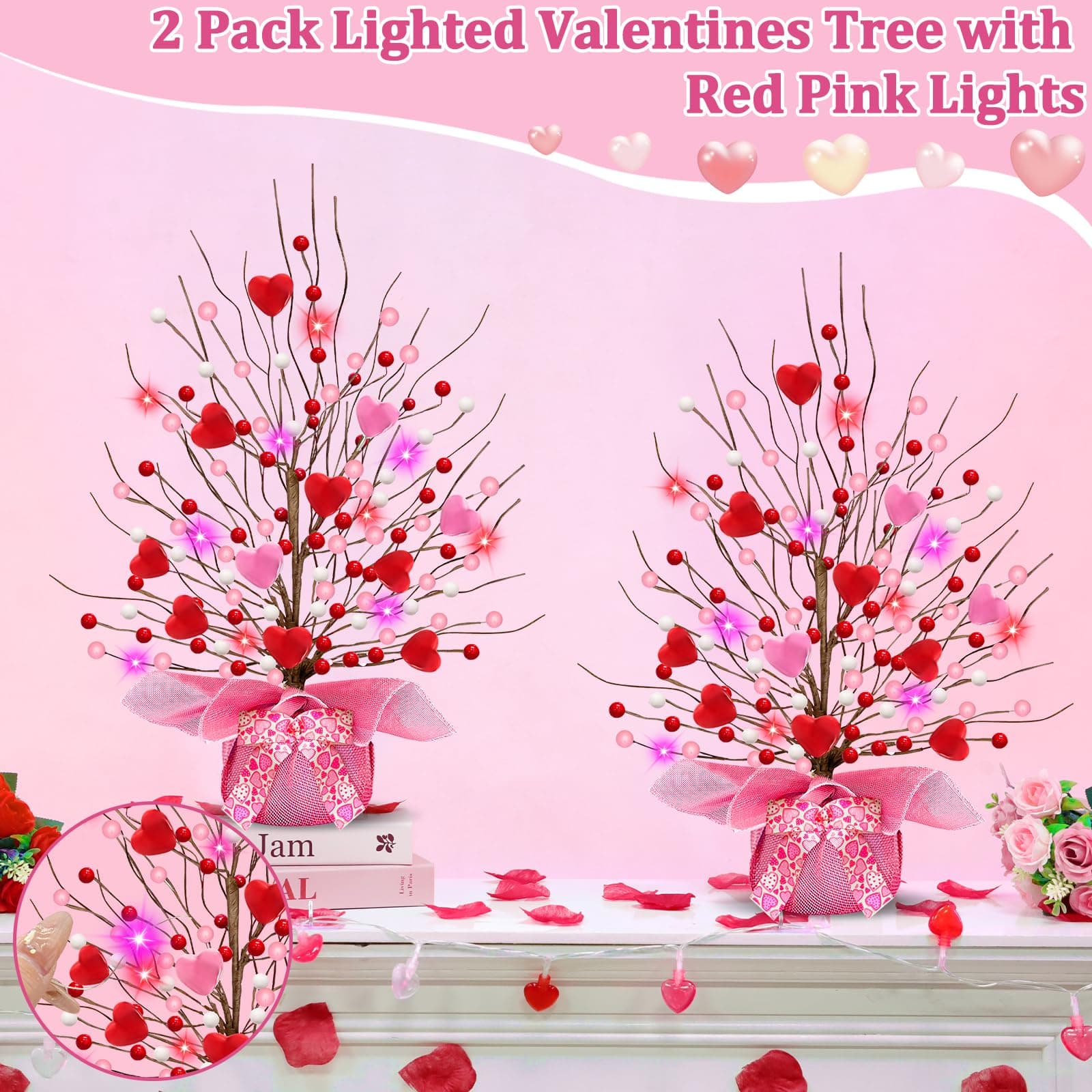 Valentines Day Decorations, Timer 2 Pack 18 Inch Lighted Valentines Tree Table D - Thumbnail 7