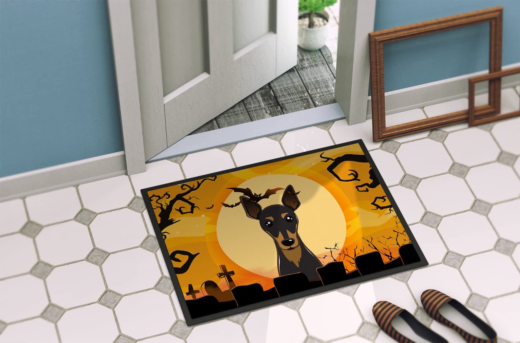 Caroline's Treasures BB1798MAT Halloween Min Pin Doormat 18x27 Front Door Mat In - Thumbnail 4